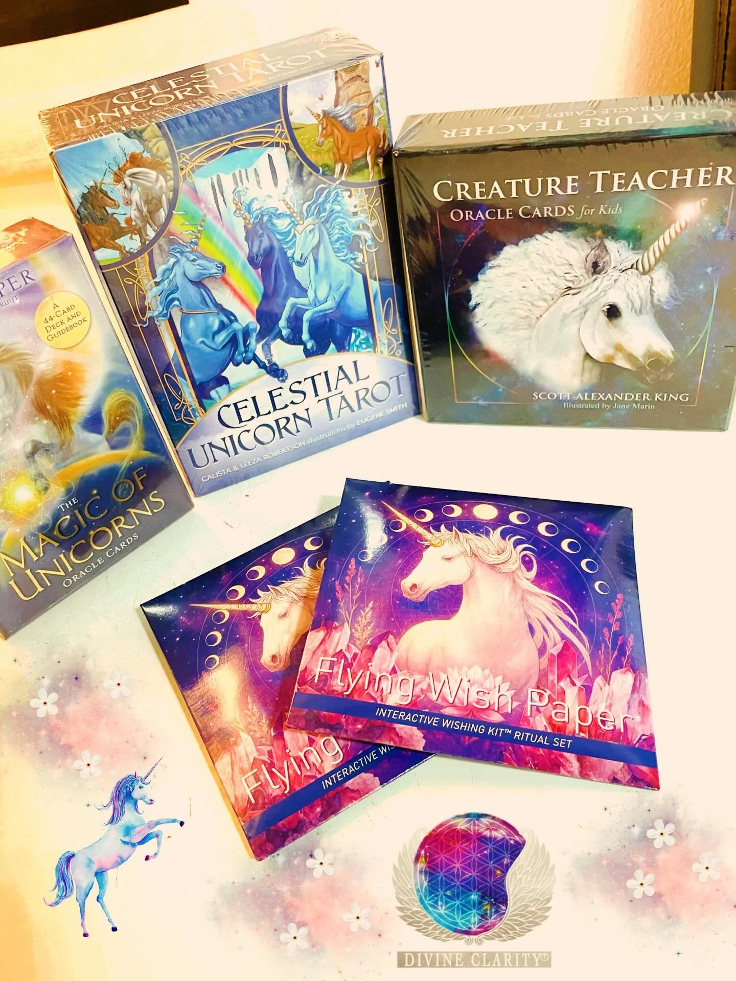 Come visit us today between 9am - 7pm to see all the wonderful energetic items we have in our shop for you 🦄

Unicorn oracle or Tarot decks, or Unicorn Wishing paper 🦄 💜

✨We also have an online shop: www.divineclarity.com 
Open 24/7, where you ca