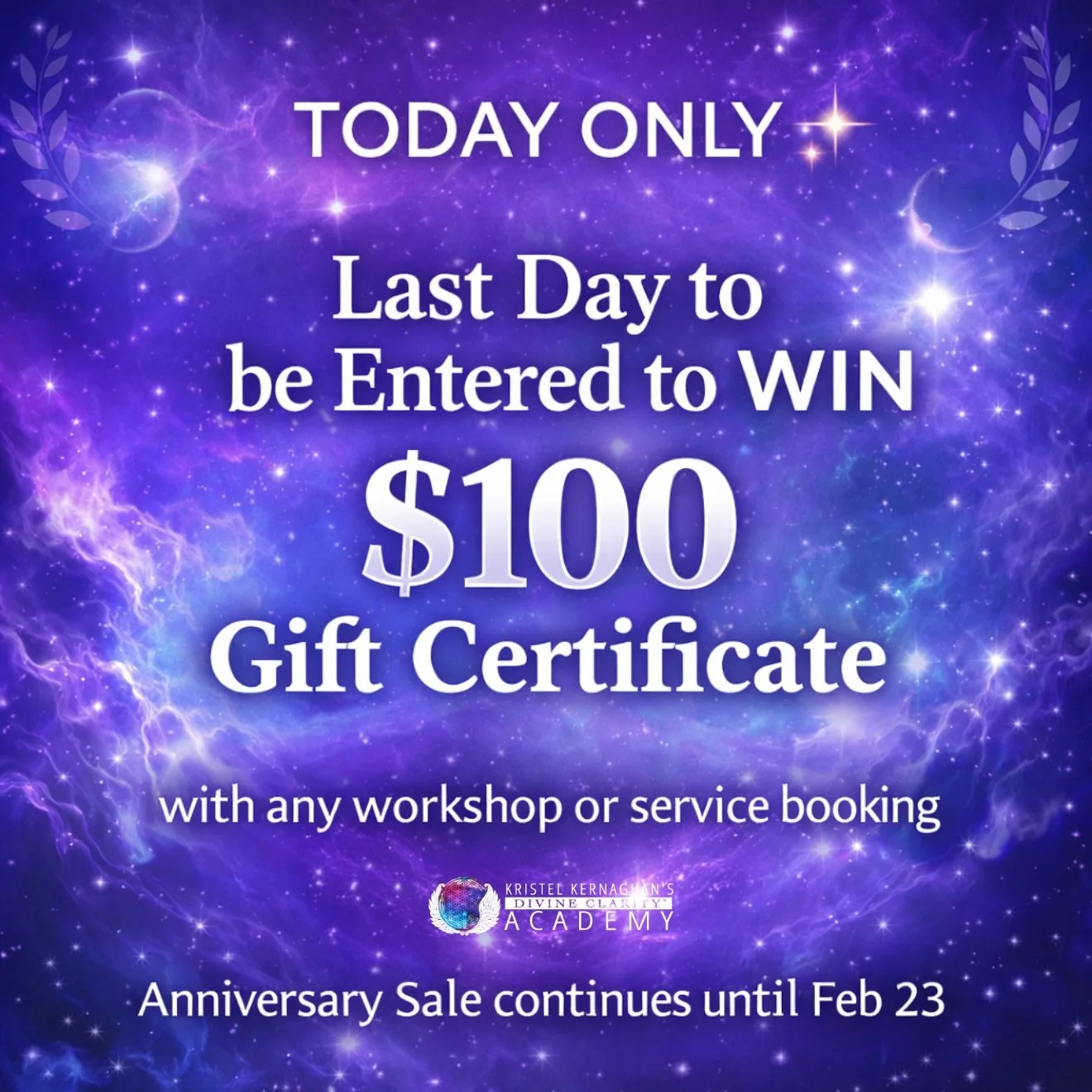 ✨ TODAY ONLY &mdash; BONUS DRAW DAY ✨

Today (February 20) is the LAST DAY to be entered to win a $100 Divine Clarity Gift Certificate when you sign up for any workshop or service 💜

If your soul has been nudging you to book a session, begin trainin