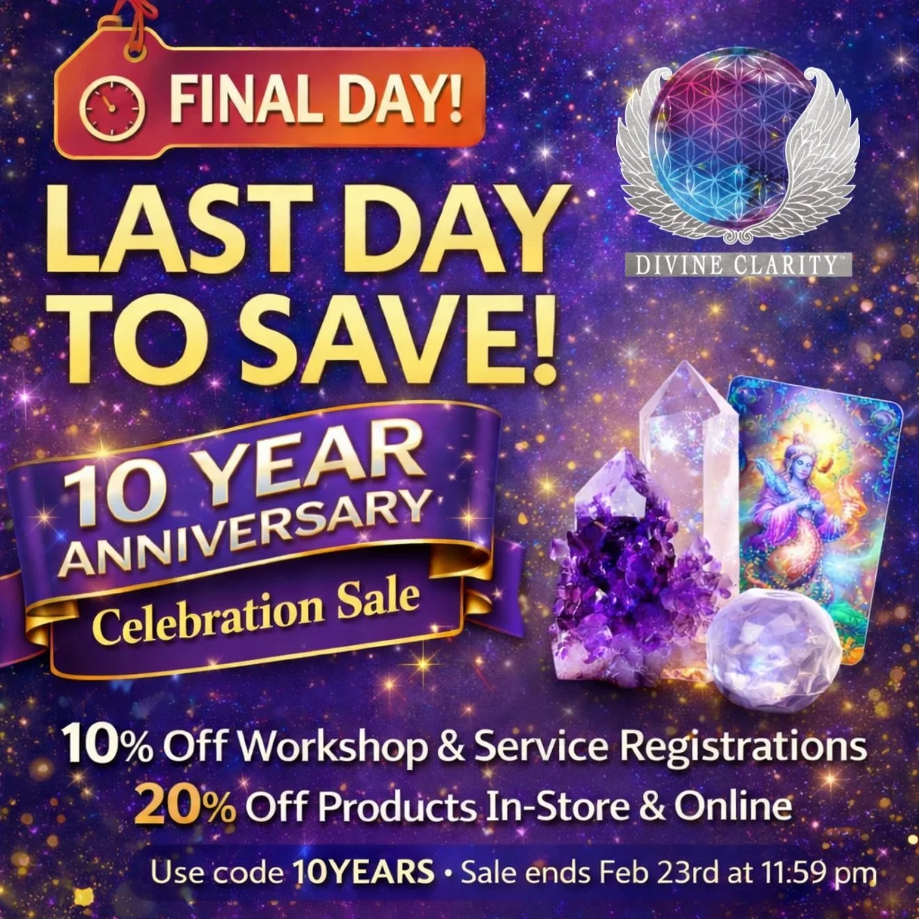 ✨ FINAL DAY TO SAVE ~ Anniversary Celebration Sale Ends Tonight

This is your final reminder to take advantage of our Anniversary Celebration savings before they end. There is now only ONE DAY LEFT to register for workshops, book services, or shop at