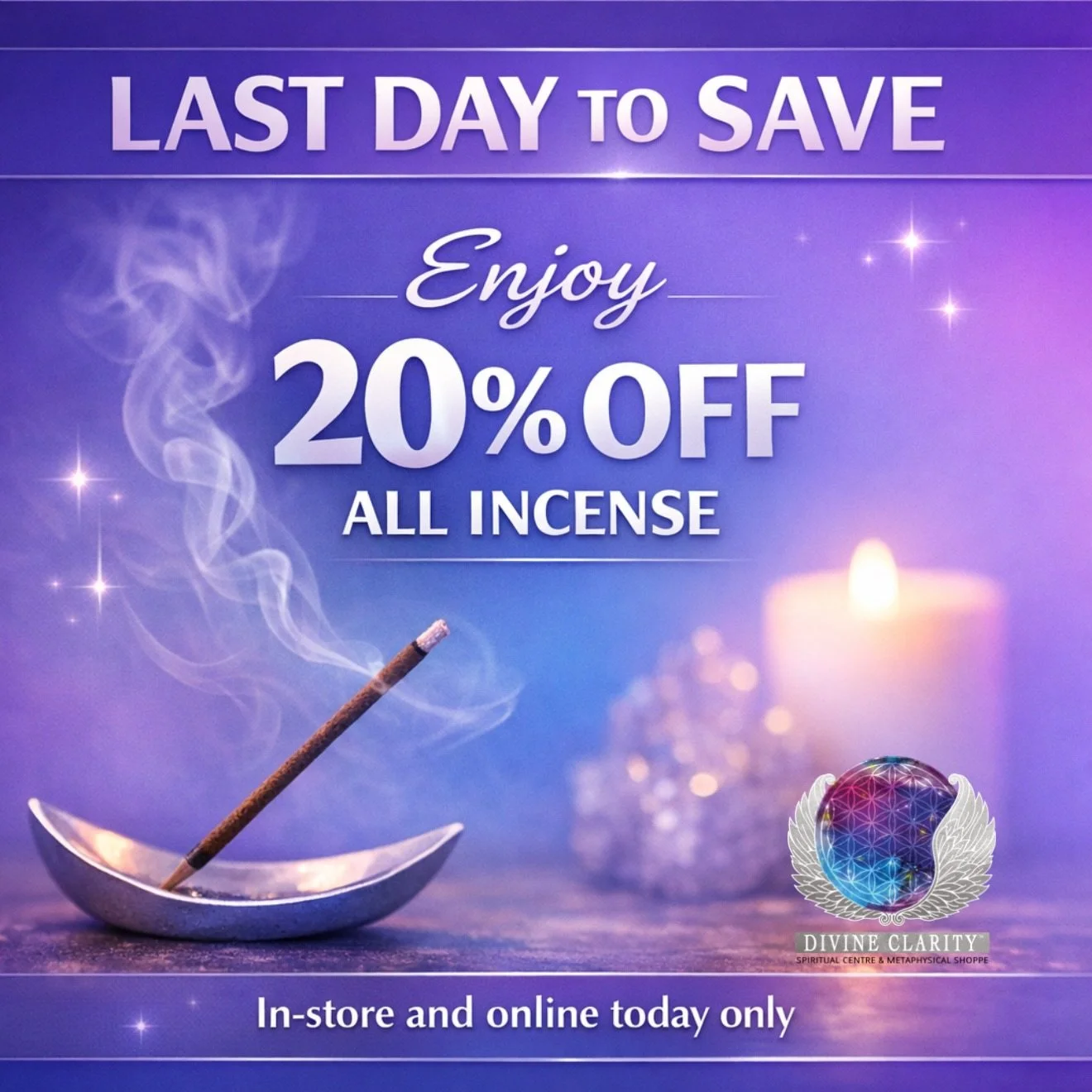 LAST DAY to Save 20% on All Incense

Today is your final chance to stock up on your favourites and refresh your space

We are open in store from 10 AM to 6 PM
Come in, explore, and enjoy a calm and uplifting atmosphere

Prefer to shop from home
Shop 