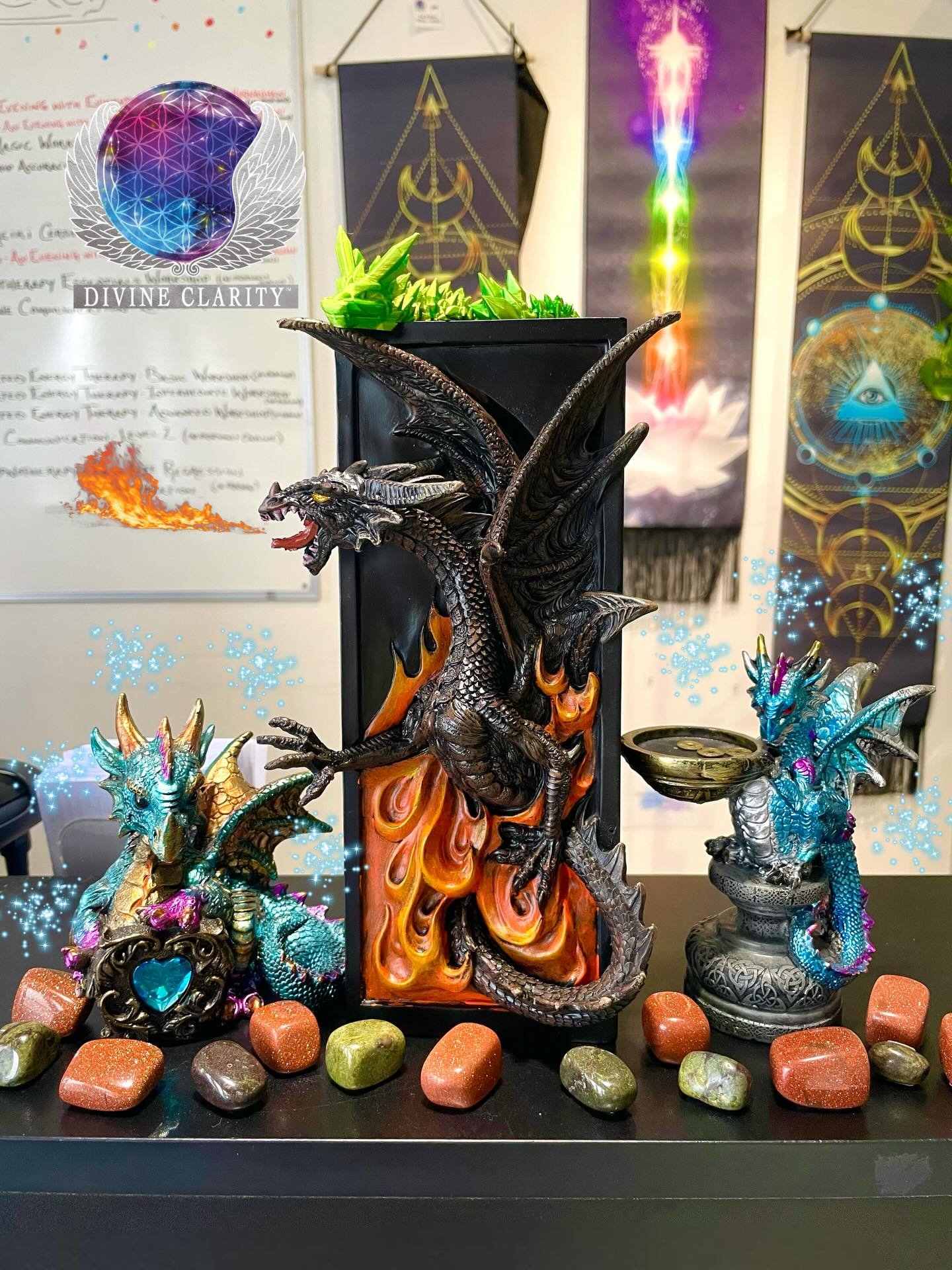 🐉Meet some of our collection of dragons! They are known to act as a guardian of hidden knowledge and personal growth. They also signify a call to awaken inner strength, and embrace change🐉

🔮 We&rsquo;re open 10am - 5pm today! Come stop by our sho