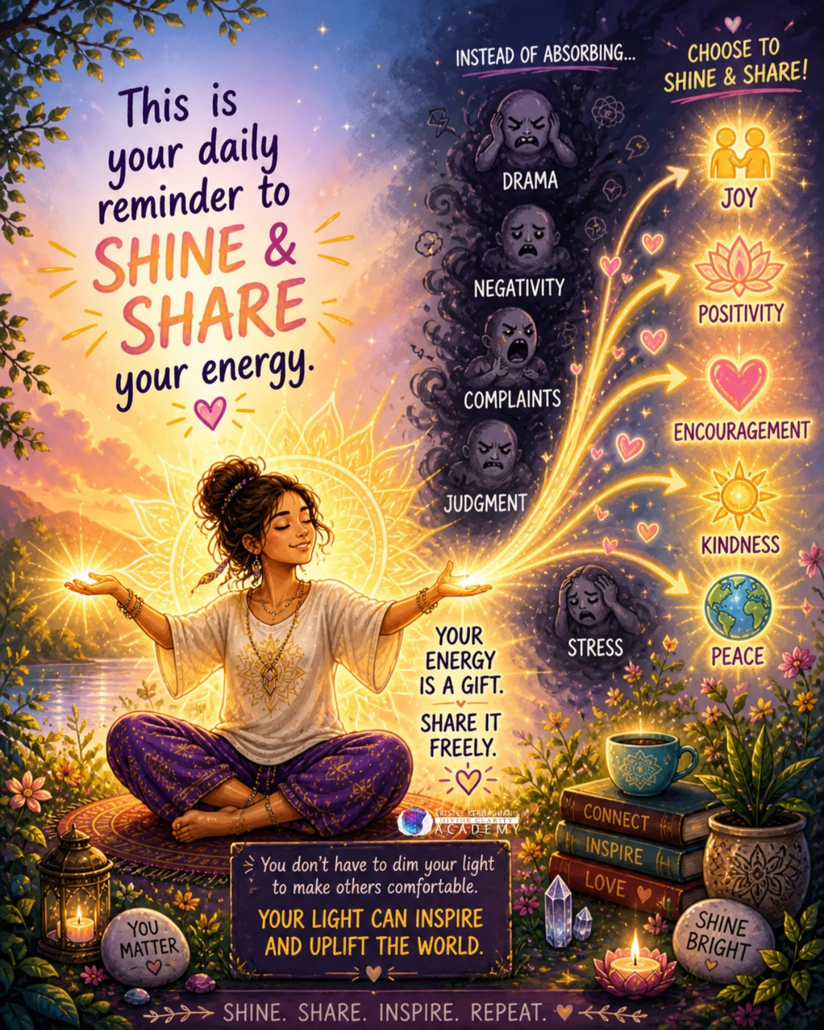 Shine and share more than you absorb. This is how you keep your energy light, clear and strong. When you choose to radiate from within, your presence becomes a gift to the world around you. Explore our services, workshops and products to support your