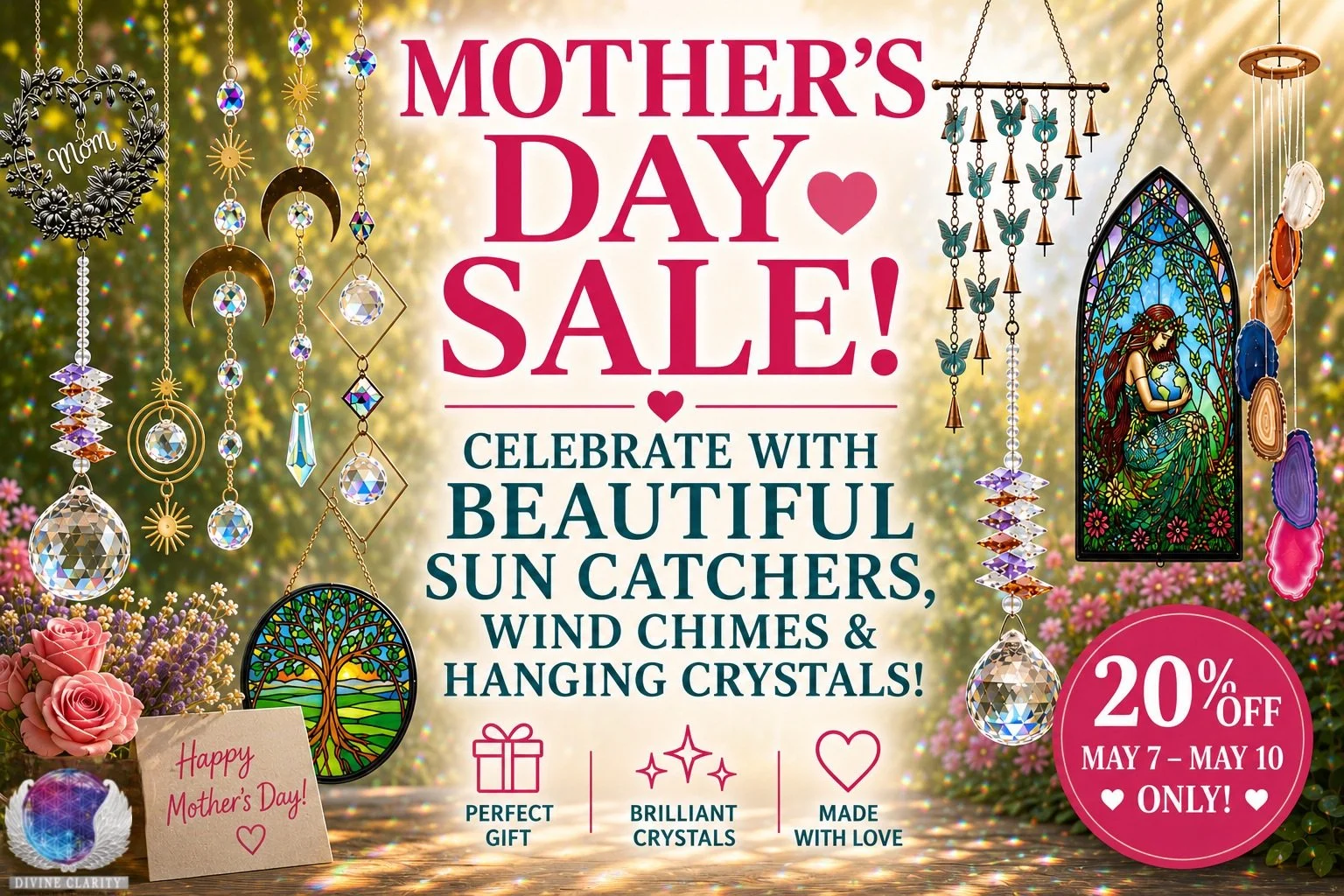 Celebrate the light, beauty, and magic of the season with our Mother&rsquo;s Day Sale ✨

From sparkling sun catchers and hanging crystals to beautiful wind chimes and stained glass pieces, these gifts bring colour, peace, and positive energy into any
