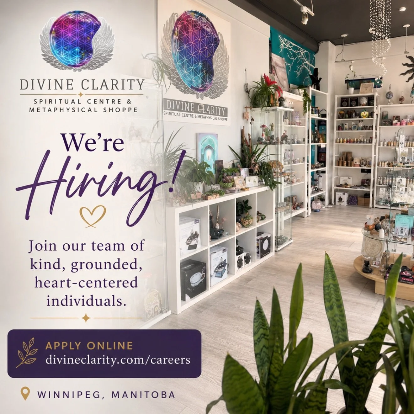 ✨ We&rsquo;re Hiring ✨

Divine Clarity Spiritual Centre &amp; Metaphysical Shoppe is currently looking to welcome one kind, grounded, heart-centered individual to join our team.

If you&rsquo;re passionate about spirituality, helping others, creating
