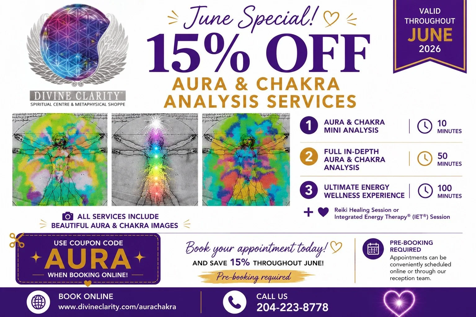 🌈✨ June Special &ndash; Save 15% on Aura &amp; Chakra Analysis Services! ✨🌈

Curious about what your aura and chakras may reveal about your current emotional, mental, physical, and spiritual well-being?

Throughout June, enjoy 15% off our Aura &amp