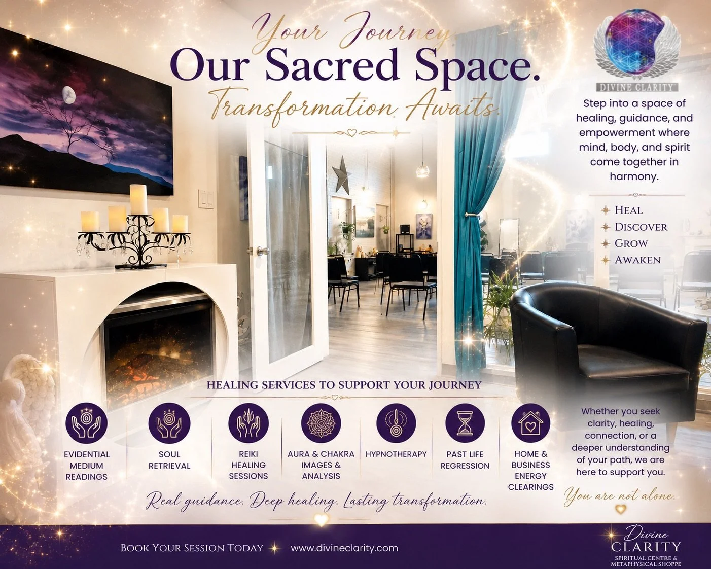 ✨ Your journey to healing, clarity, and transformation begins here. ✨

At Divine Clarity, we&rsquo;ve created a welcoming sacred space where mind, body, and spirit can reconnect, heal, and grow. Whether you&rsquo;re seeking answers, emotional healing