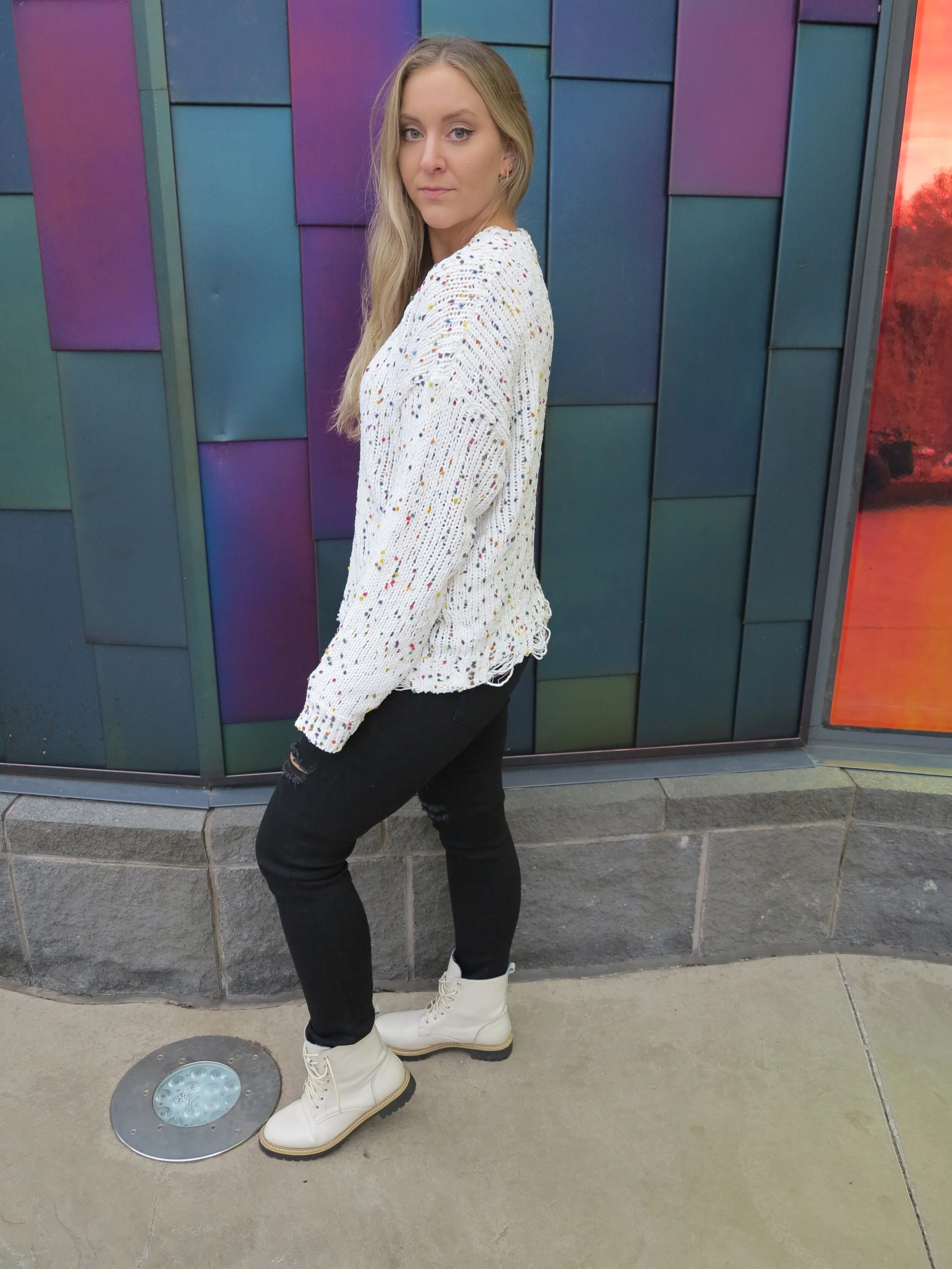 Ivory Raw Hem Confetti Sweater — Tops