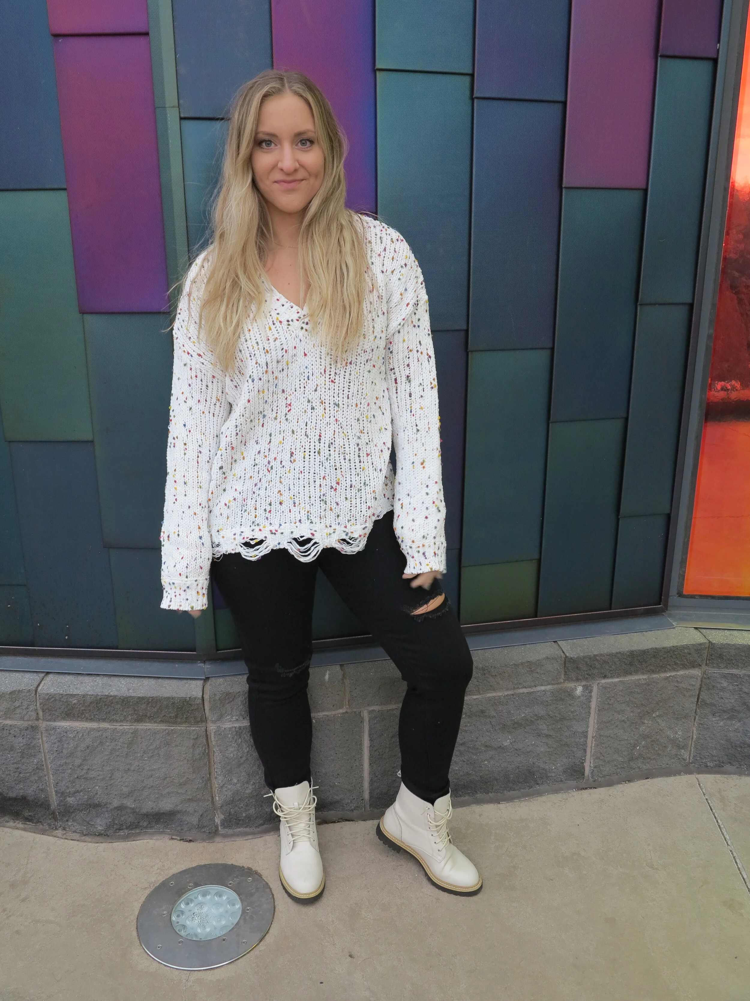 Ivory Raw Hem Confetti Sweater — Tops