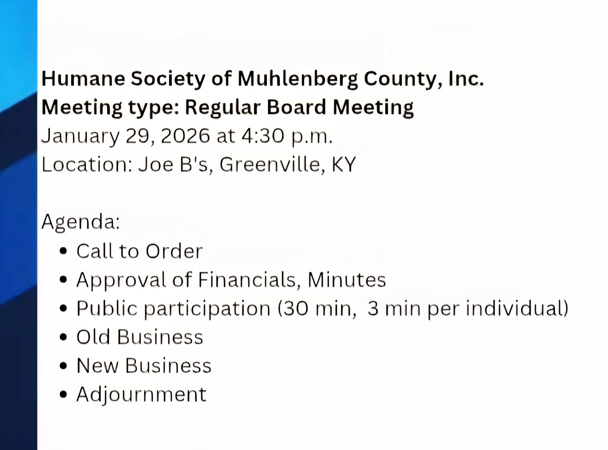 Monthly Board Meeting **CANCELLED - TO BE RESCHEDULED per KY State of Emergency