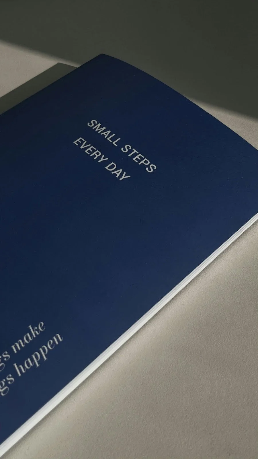 Close-up of a notebook cover that reads “SMALL STEPS EVERY DAY,” representing realistic, gradual recovery goals.
