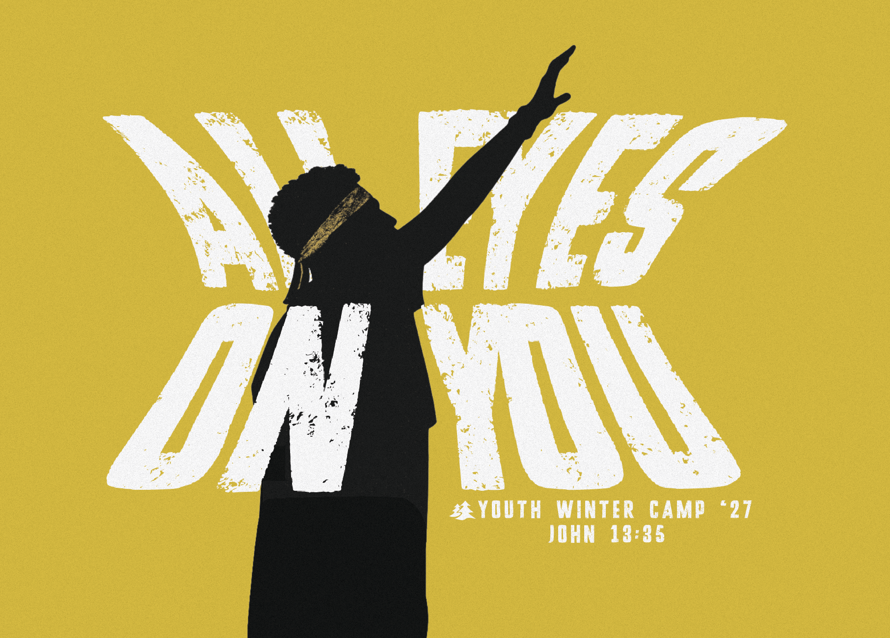 Silhouette of a person wearing a headband, raising an arm against a yellow background with white text that reads 'AWEDD DOME'. Smaller text at the bottom reads 'YOUTH WINTER CAMP '27, JOHN 13:35'.