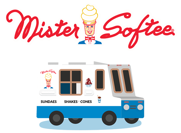 Logo for Mister Softee with an ice cream cone on top and a blue and white ice cream truck labeled with options: sundaes, shakes, cones.