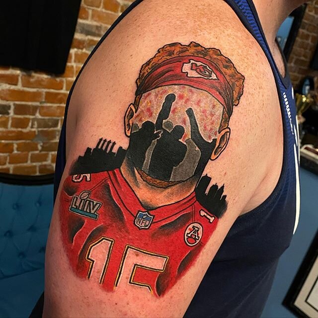 Sioux Falls Tattoo Kansas City Chiefs Football Tattoo On The Leg With Red  And Black Calligraphy  Starry Eyed Tattoos and Body Art Studio