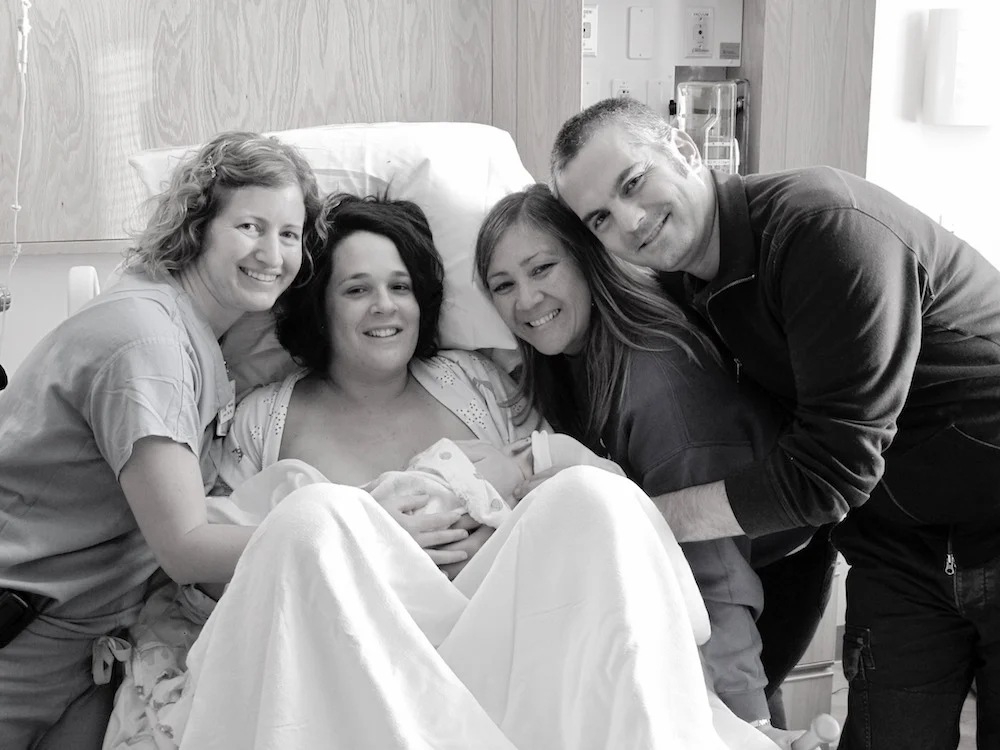 Birth team: Dr. Jennifer Cato, Mama (me), Anaïs (my baby), Doula Kathy Markey and Bertrand (Papa)