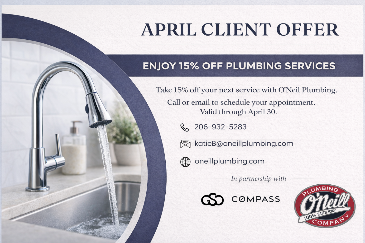 April Client Offer: 15% Off Plumbing Services with O’Neil Plumbing