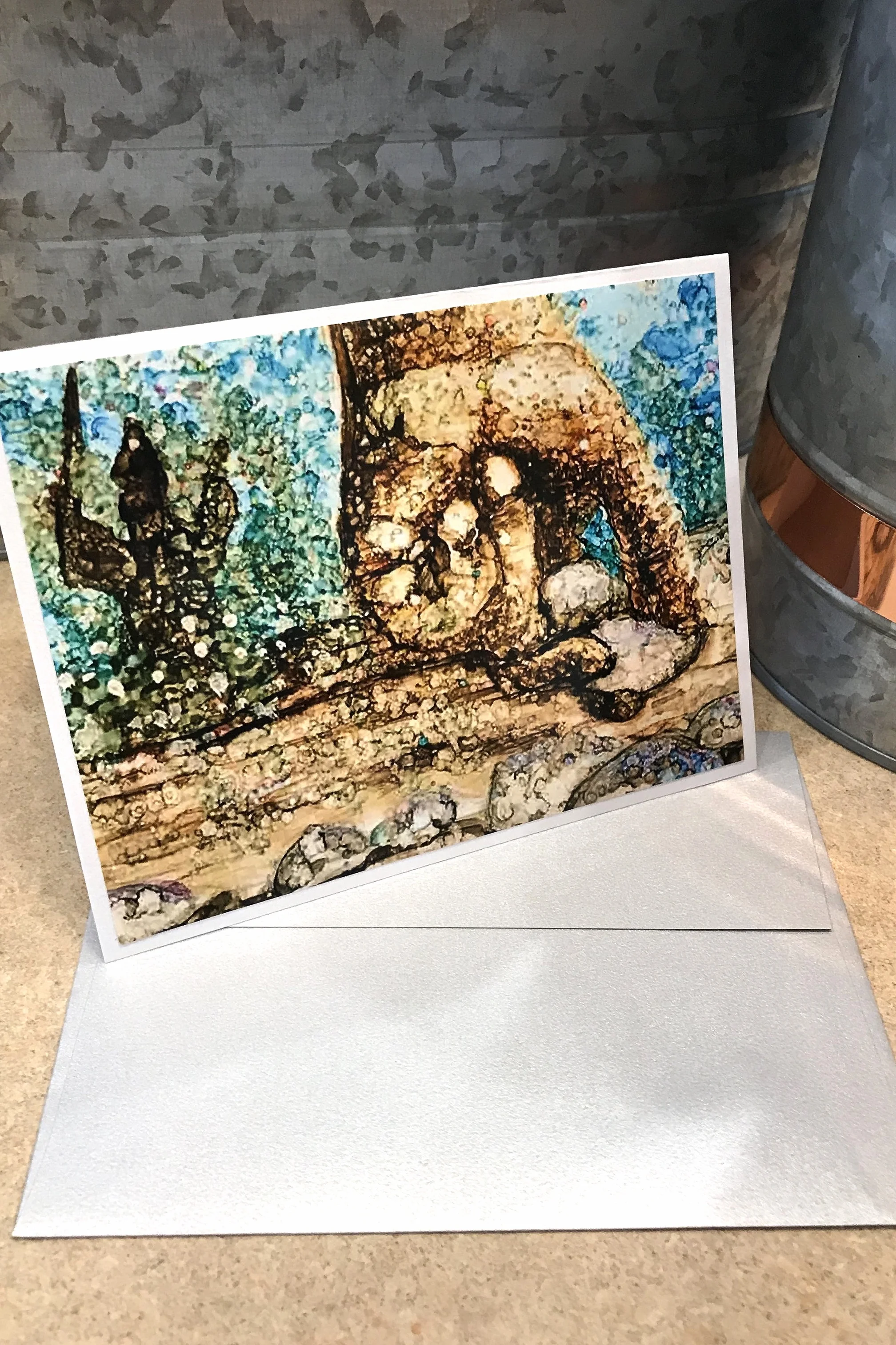 David and Goliath Fancy Handmade Greeting Card Art Print of Original Alcohol Ink Painting artist patricia tiffany morris bible story