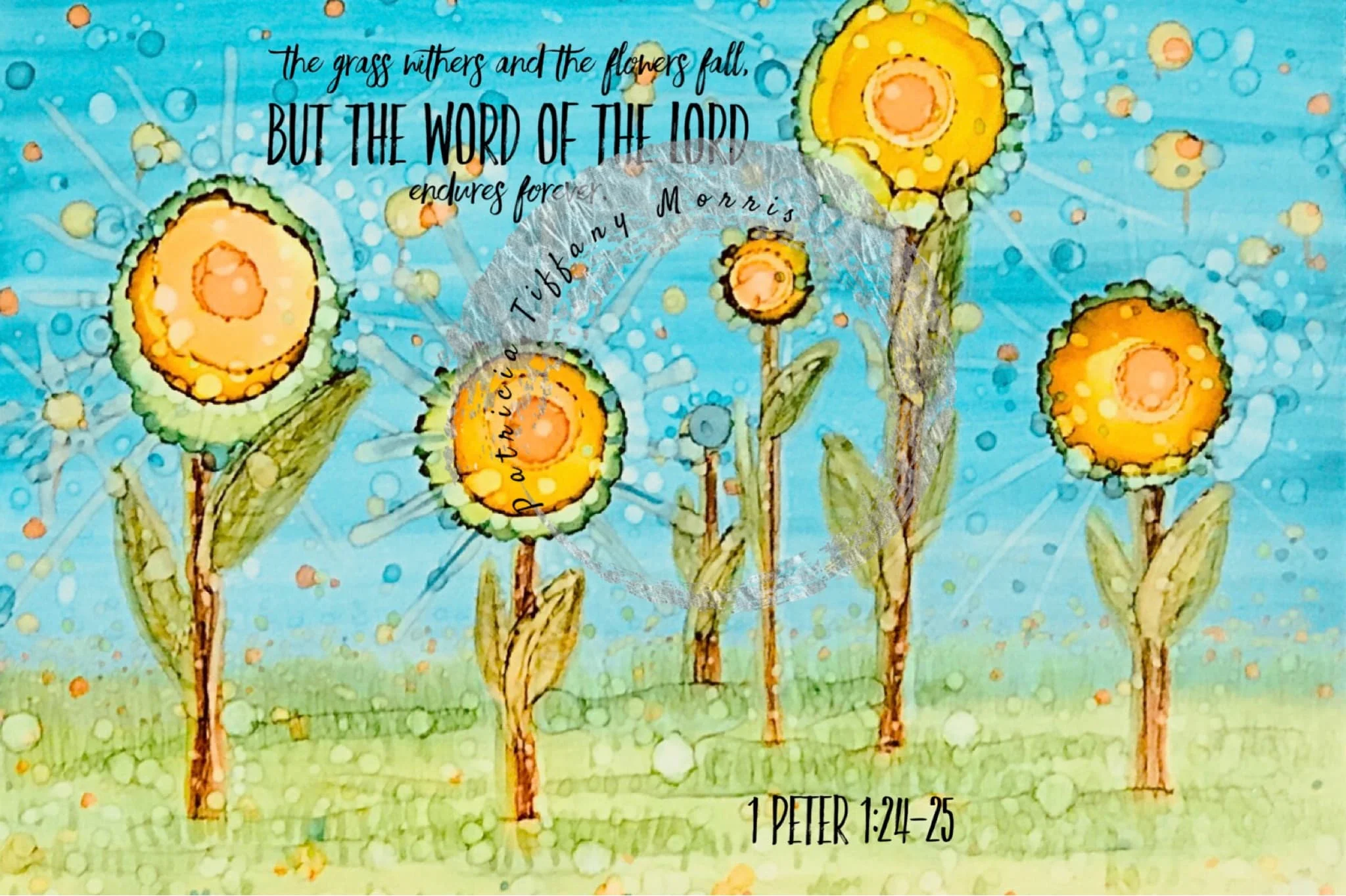 Spring Flowers Yellow Fancy Handmade Greeting Card Art Print of Original Alcohol Ink Painting patricia tiffany morris art