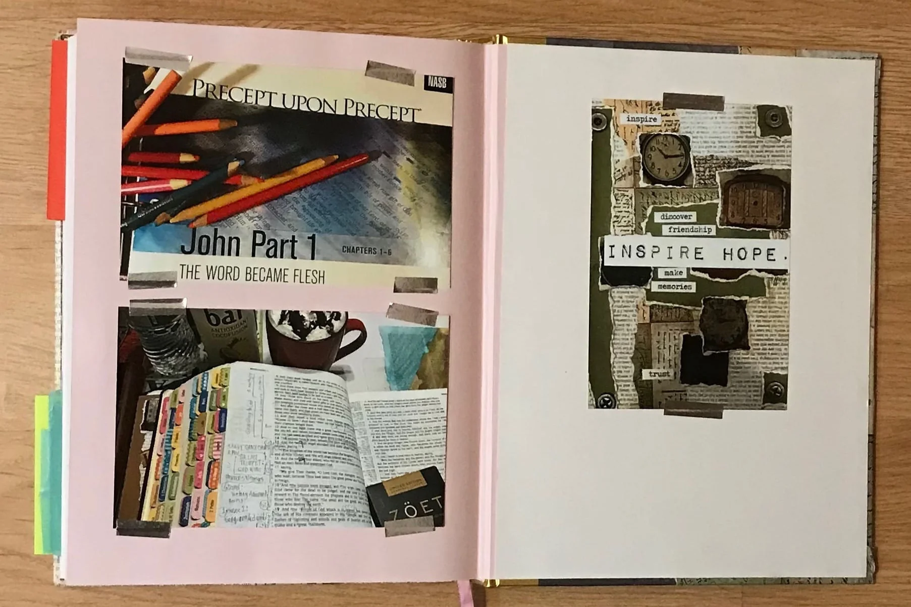 Photographs of my Bible, Coffee, and Chocolate. Colored Bible Index tabs and Prismacolors. Beautiful.