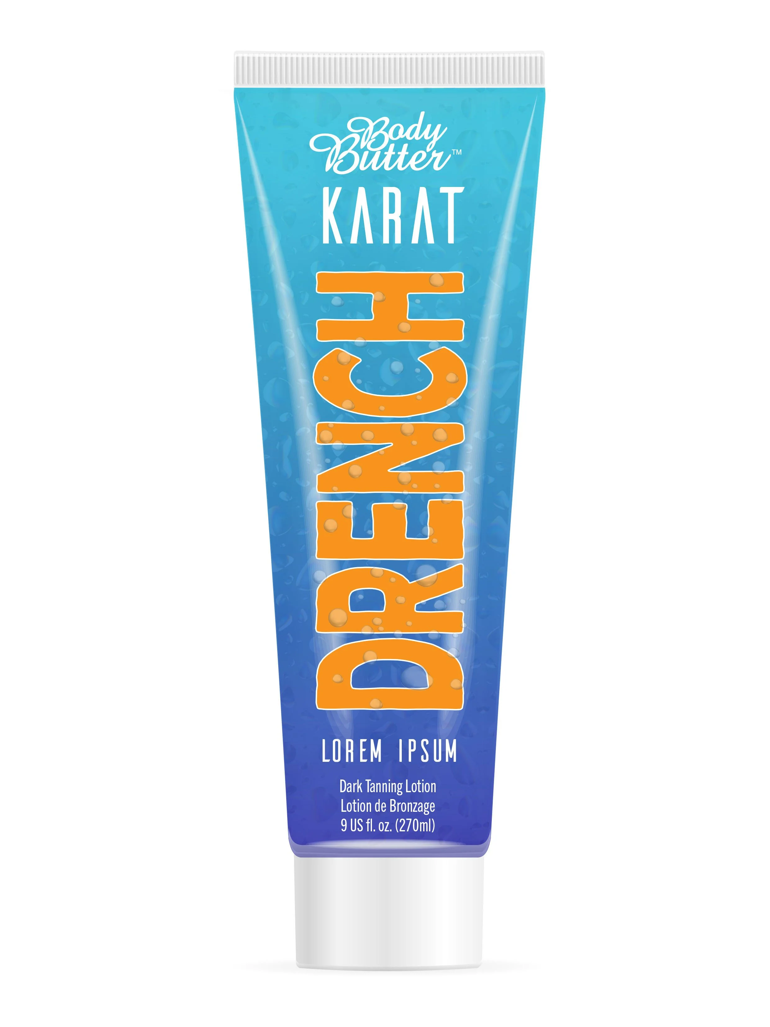 Blue tube of Dark Tanning Lotion with orange letters spelling 'DARK' and water droplets design, labeled as 'Body Butter' with additional text indicating 'Lorem Ipsum' and '9 fl oz (270ml)'.