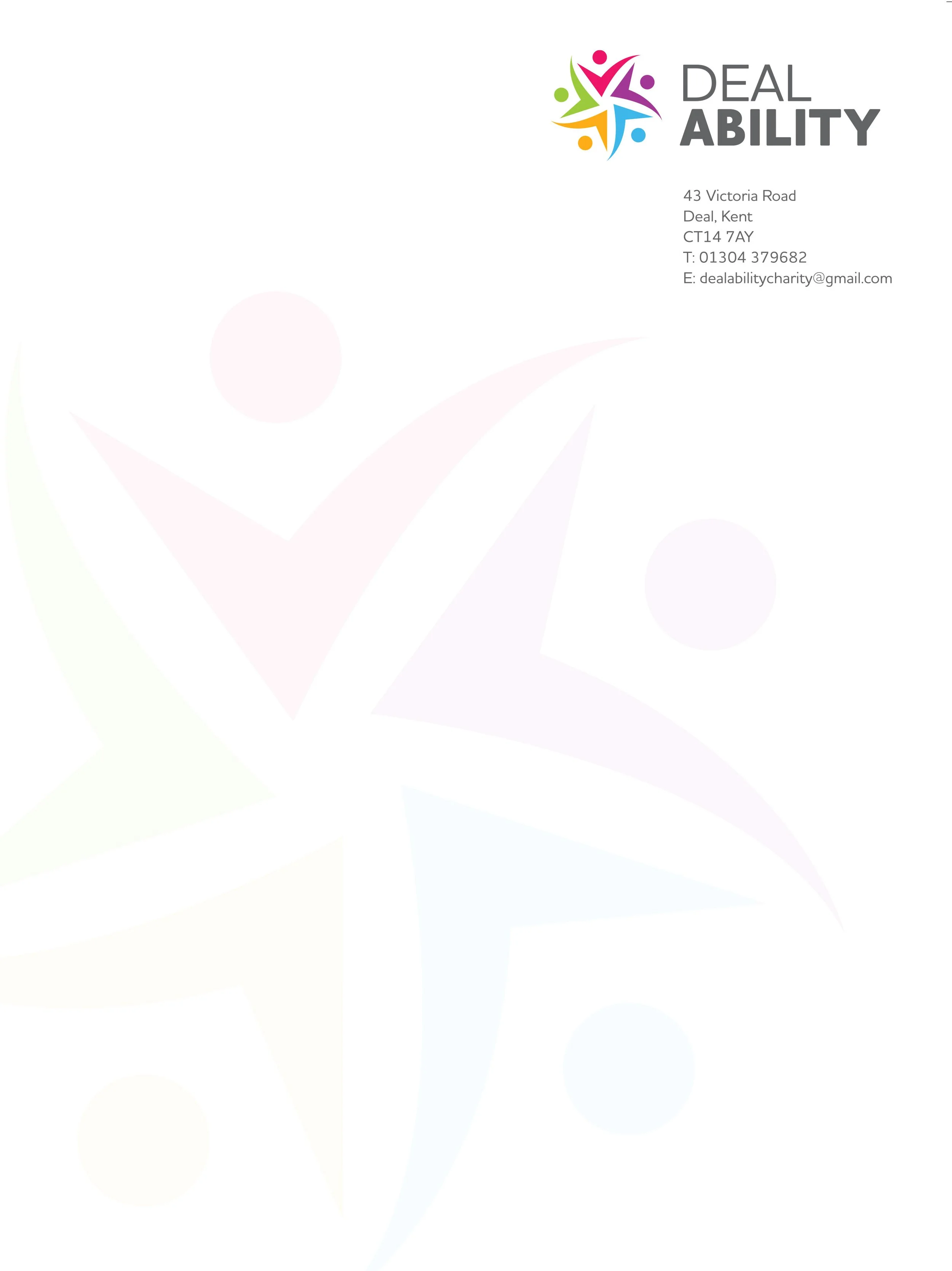 Business card for Deal Ability, featuring a colorful logo with stylized people and contact information including address, phone number, and email.