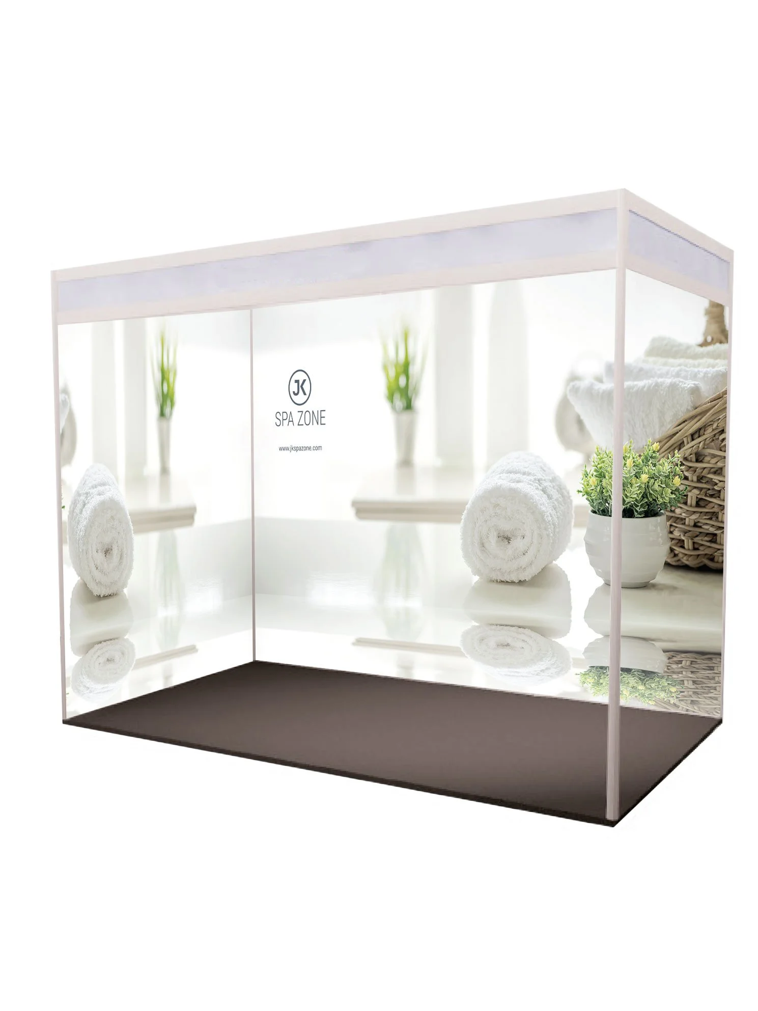 Mirror with white towels, small potted plants, and a woven basket in a spa or bathroom setting.