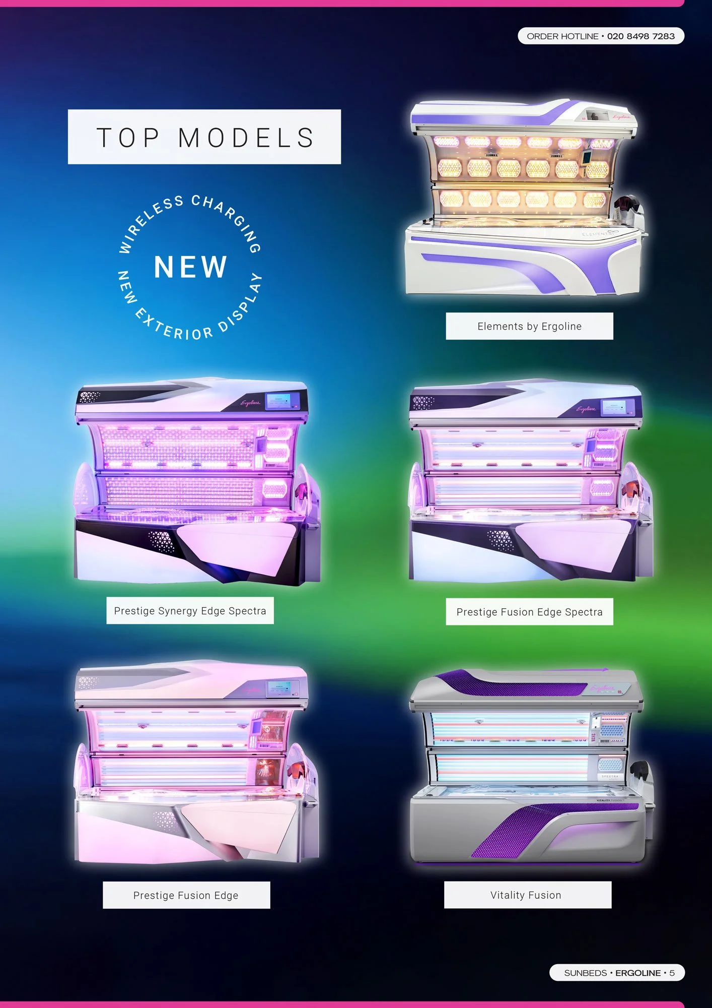 Display of different models of sunbeds from Ergoline, including Prestige Synergy Edge Spectra, Prestige Fusion Edge Spectra, and Vitality Fusion, with a background gradient from blue to green.