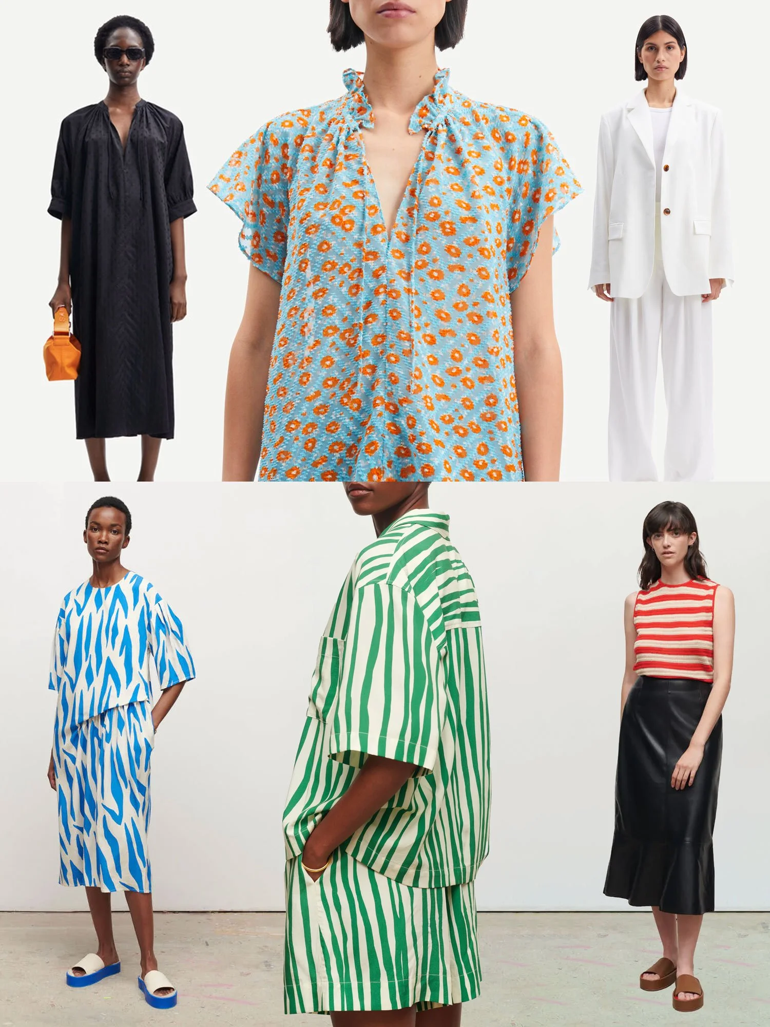 Fashion models wearing various colorful and stylish outfits in a clothing photoshoot, with a plain background and a concrete floor.
