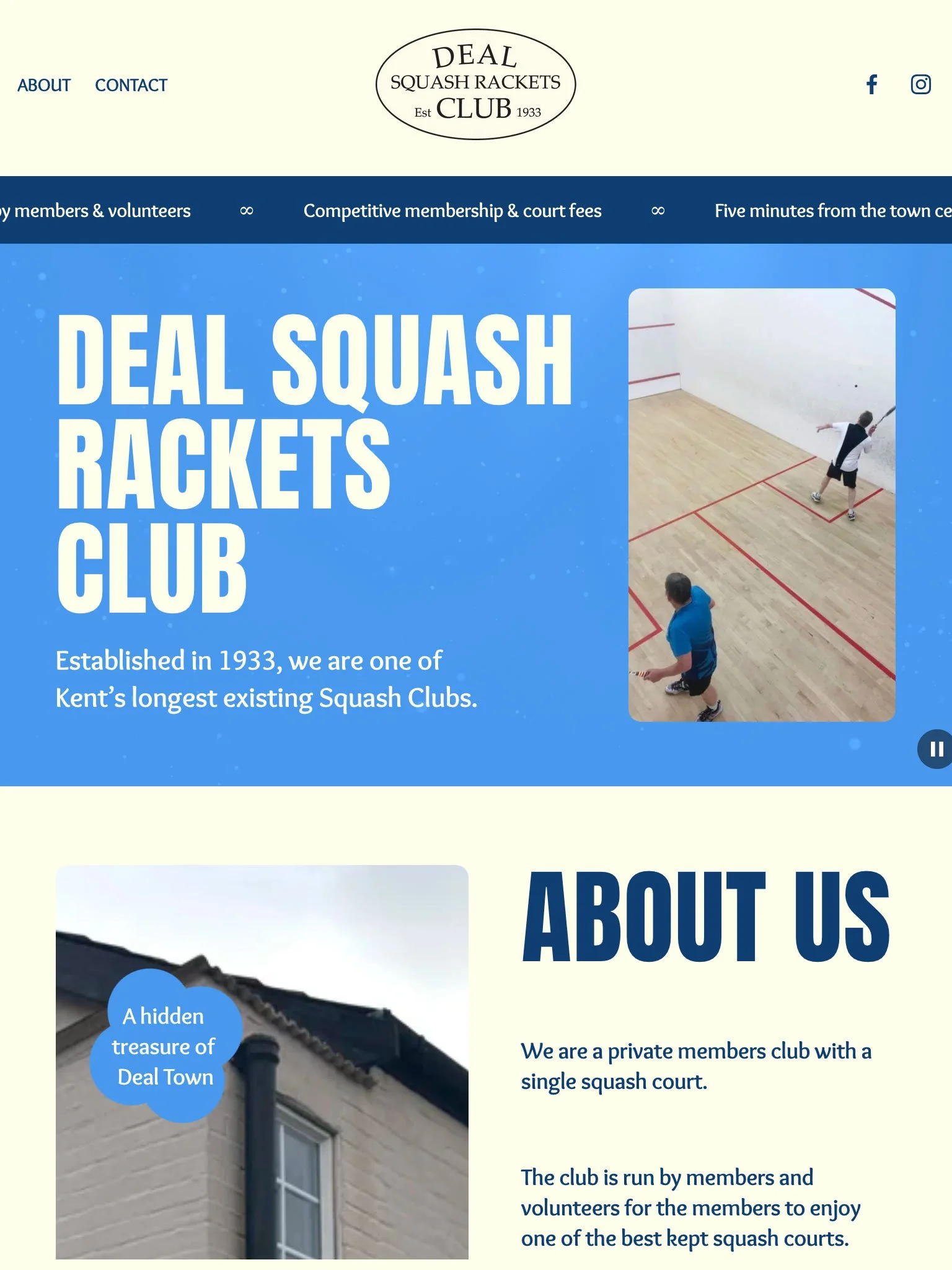 Screenshot of a website for Deal Squash Rackets Club, established in 1933, showing club information, a photo of a squash court with players, and navigation menu options.