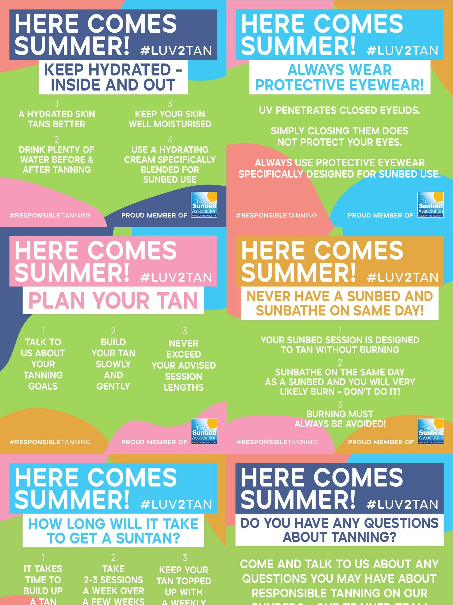Colorful infographic with tips for safe and responsible tanning, emphasizing the importance of hydration, wearing protective eyewear, gradual tanning, and avoiding overexposure to UV rays. Contains sections on planning tanning goals, building tan gradually, session lengths, and consulting professionals.