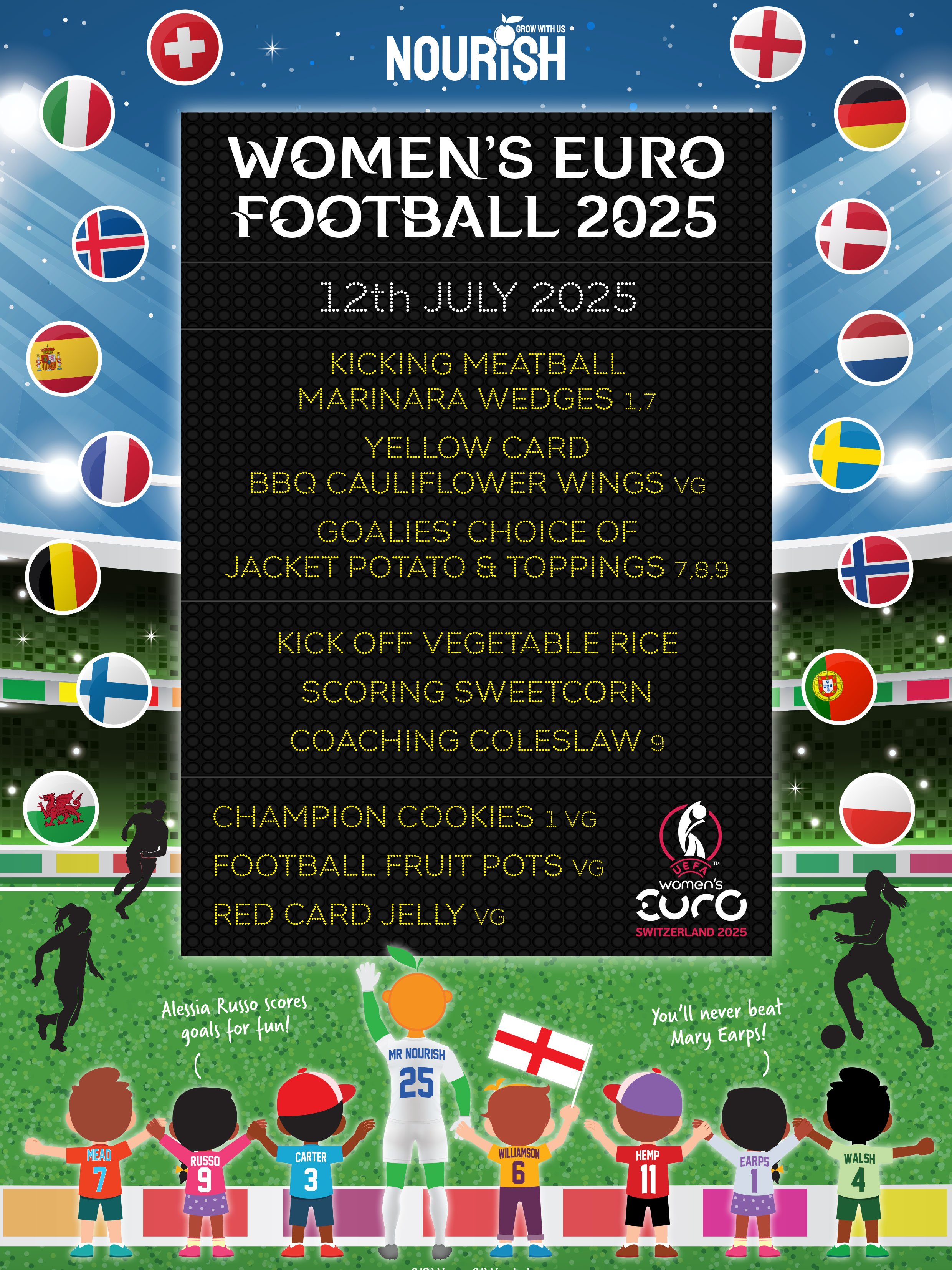 Animated graphic promoting Women's Euro Football 2025, held in Switzerland, with flags of various European countries, team players, and event details including date, location, and features of the event.