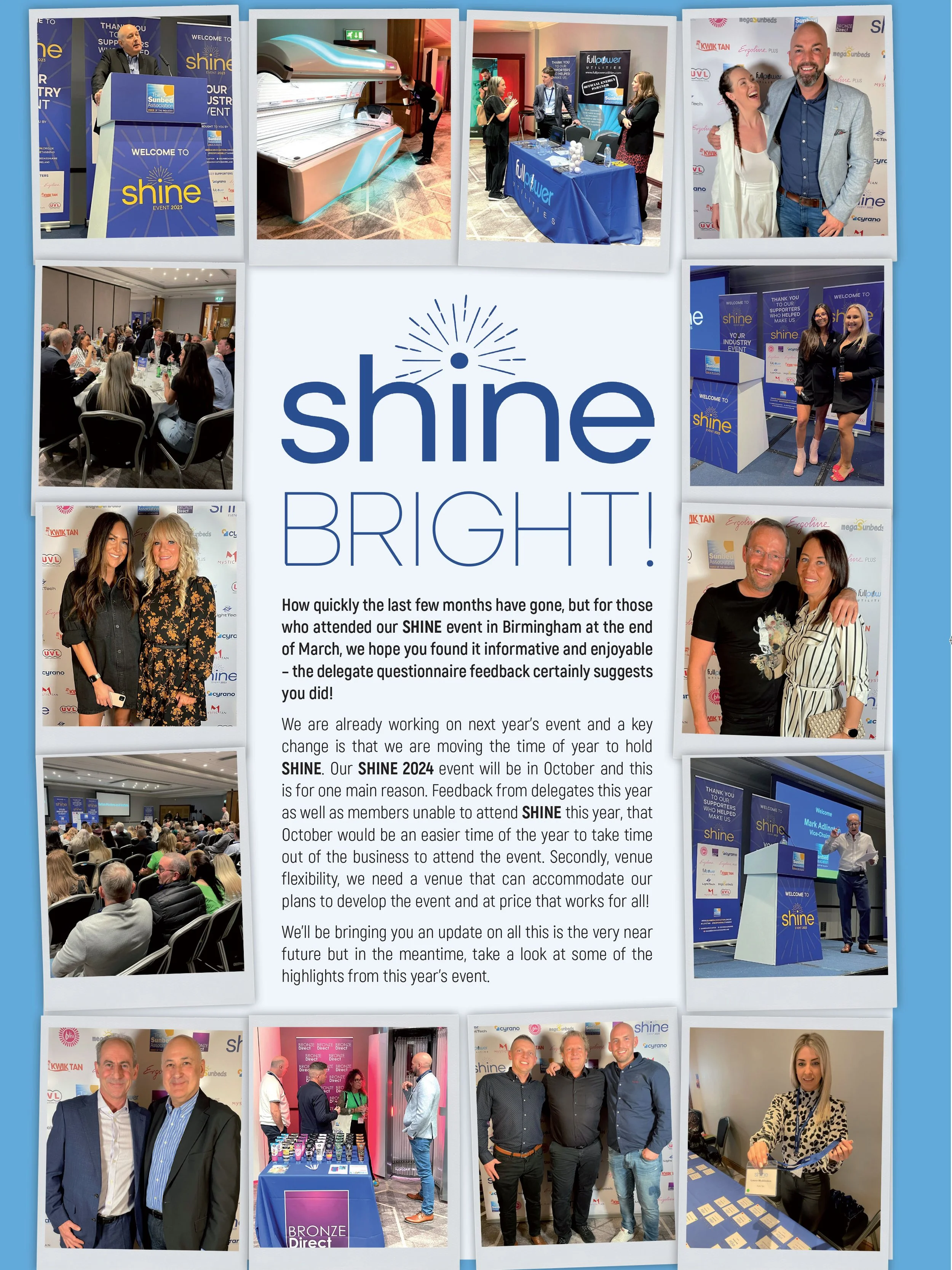 Collage of photos from the Shine event in Birmingham, including speakers, attendees, networking, and exhibitor booths.