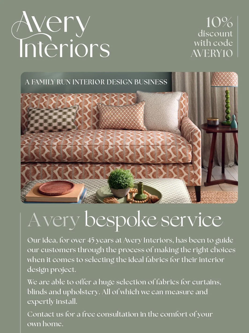 Interior design flyer for Avery Interiors featuring a patterned sofa with pillows, a side table with a lamp and decor, and a coffee table with decorative items.