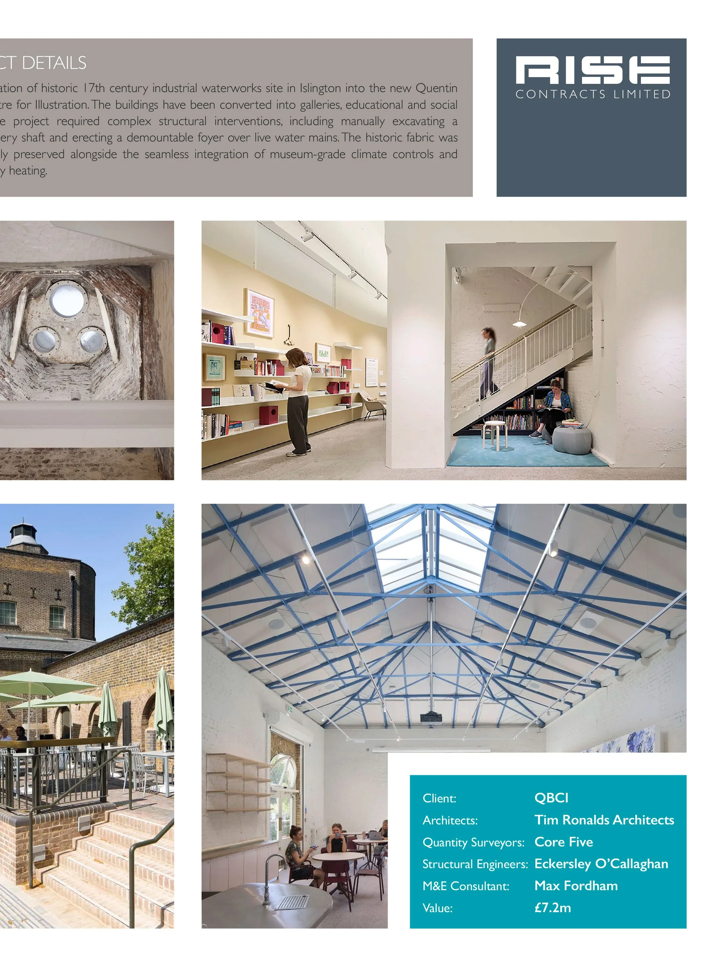 A collage of images showing various spaces within a renovated industrial building: a view looking up at a historic water tank opening, a woman reading books in a bright library corner with yellow walls and white shelving, a person walking down a staircase in a room with white brick walls, a stylish outdoor patio with tables, chairs, and umbrellas, a spacious interior with a high ceiling, exposed steel beams, and skylights, and a group of people sitting at tables in a modern cafe with large windows.