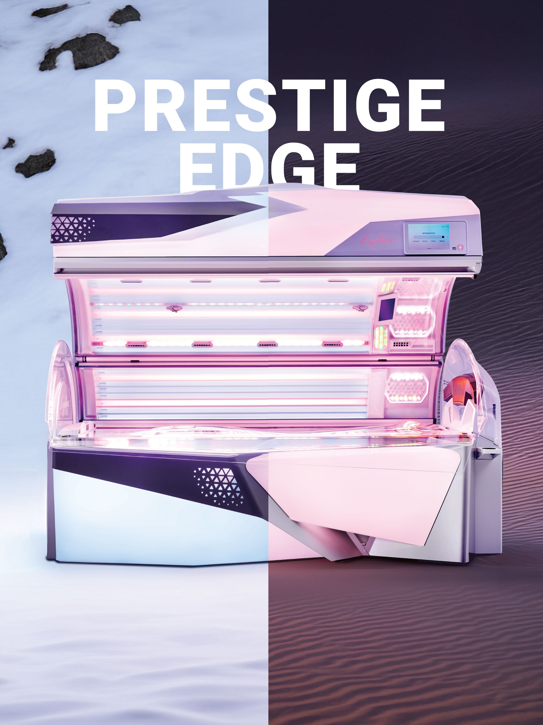 Split image of a tanning bed with a pink interior and a modern digital control screen. The left side shows snowy terrain with rocks, and the right side shows a dark water surface at night. The text in the middle says 'Prestige Edge'.