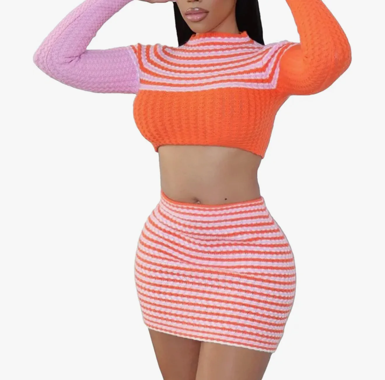 Keylows Pink and Orange Stripe Crop Top and Skirt Set (as worn by Lola Monroe) 1.jpg