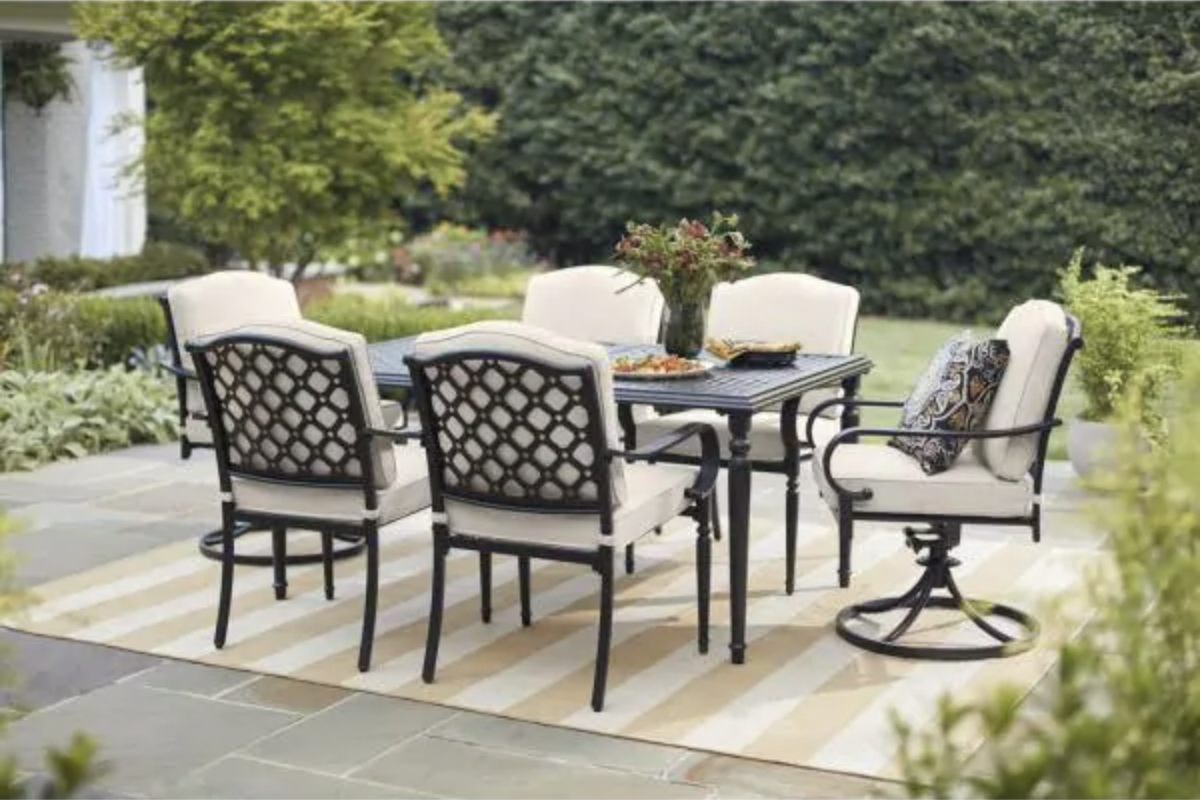 LAUREL OAKS 7-PIECE BROWN STEEL OUTDOOR PATIO DINING SET WITH CUSHIONGUARD ALMOND TAN CUSHIONS