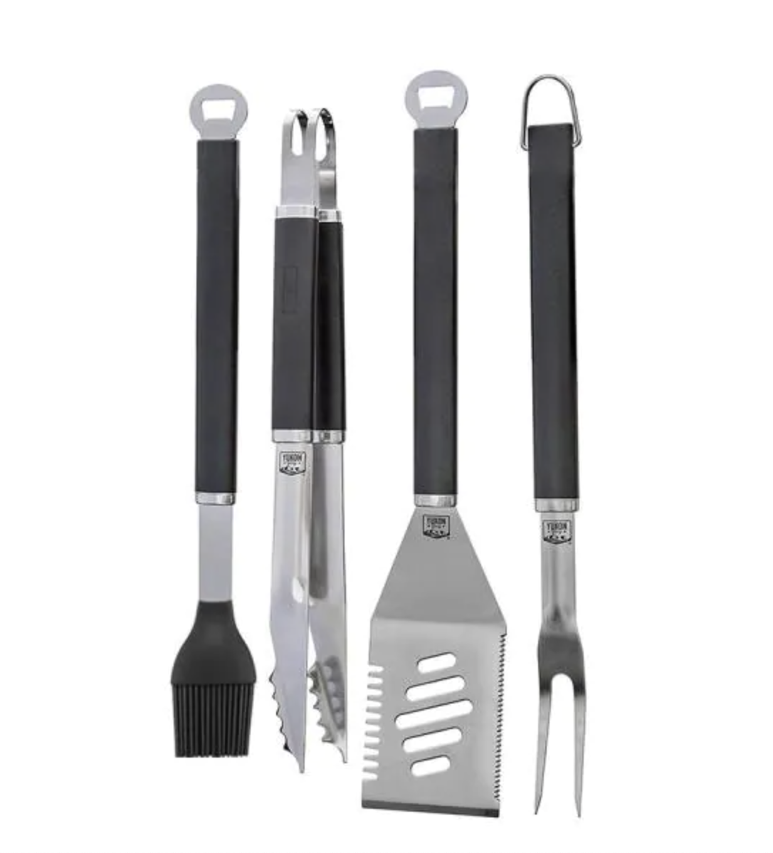 MAGNETIC 4-PIECE STAINLESS STEEL GRILLING FORK/SPATULA/TONGS AND BRUSH GRILL TOOL SET