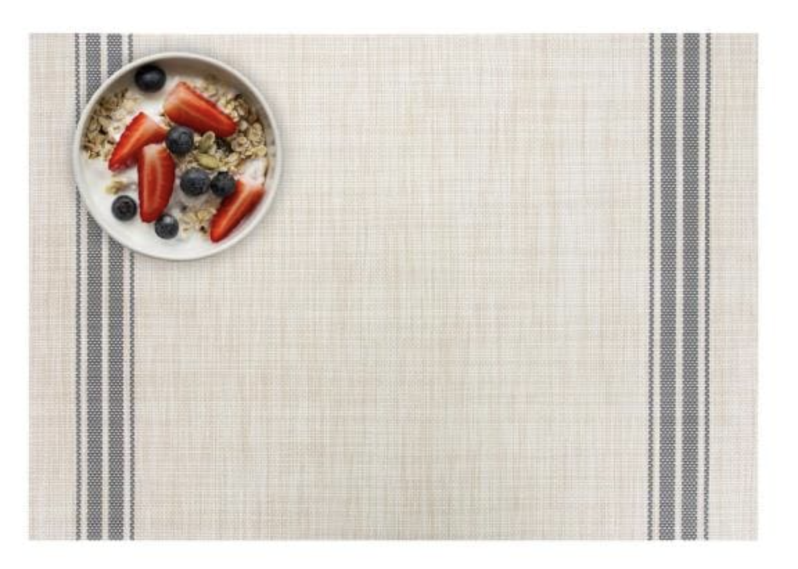 HOME DEPOT 19 IN. X 13 IN. GREY STRIPE CHAMBRAY REVERSIBLE PVC AND POLYESTER WOVEN INDOOR OUTDOOR PLACEMATS (SET OF 12)