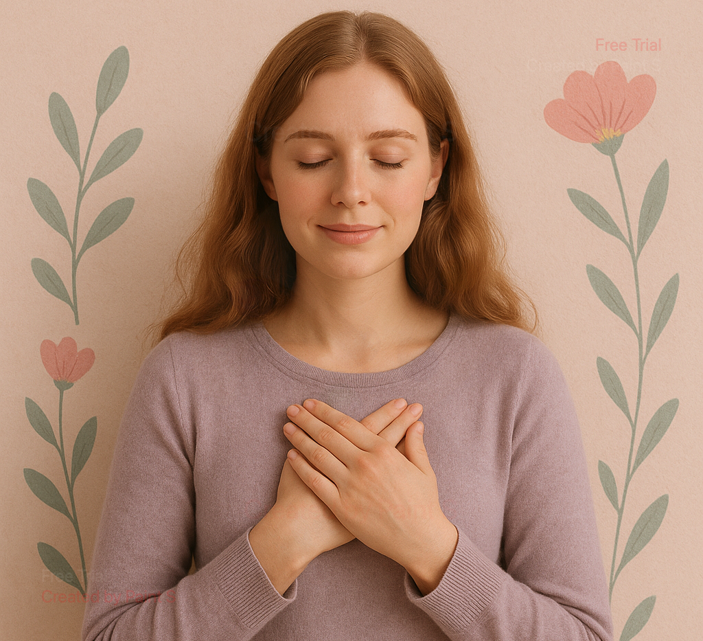 A young woman with red hair, eyes closed, smiling, and hands crossed over her chest standing against a floral-patterned wall.