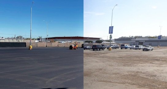  A side by side image of a parking lot with freshly overlayed asphalt on the left, and old cracked asphalt on the right.  