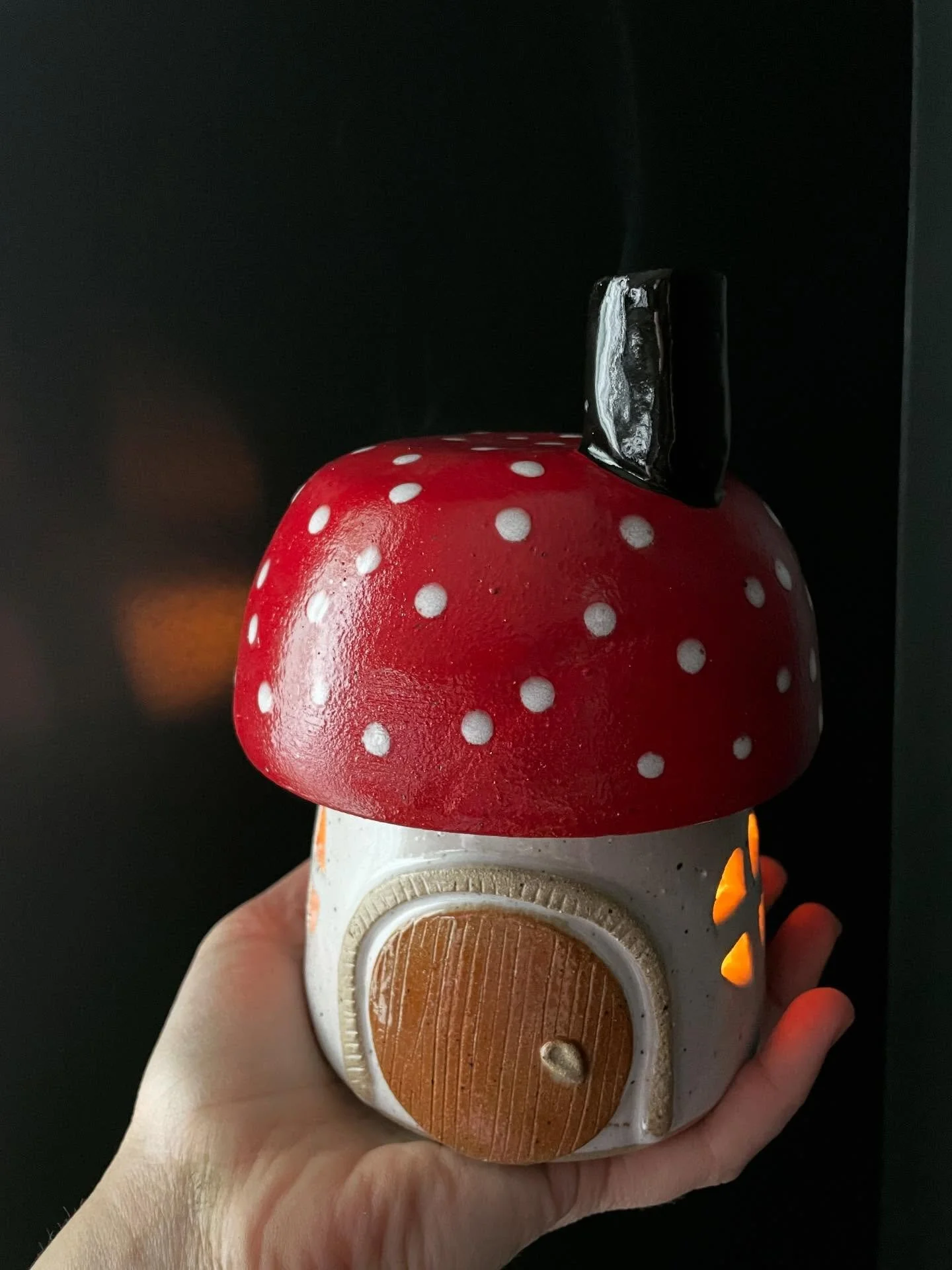 A couple of little amanita houses came out of the kiln today. The house holds tea lights and the roof is for burning cones of incense (the smoke comes out the chimney!). I&rsquo;ll have a couple of these available at the Sooke Fall Fair Winter Market