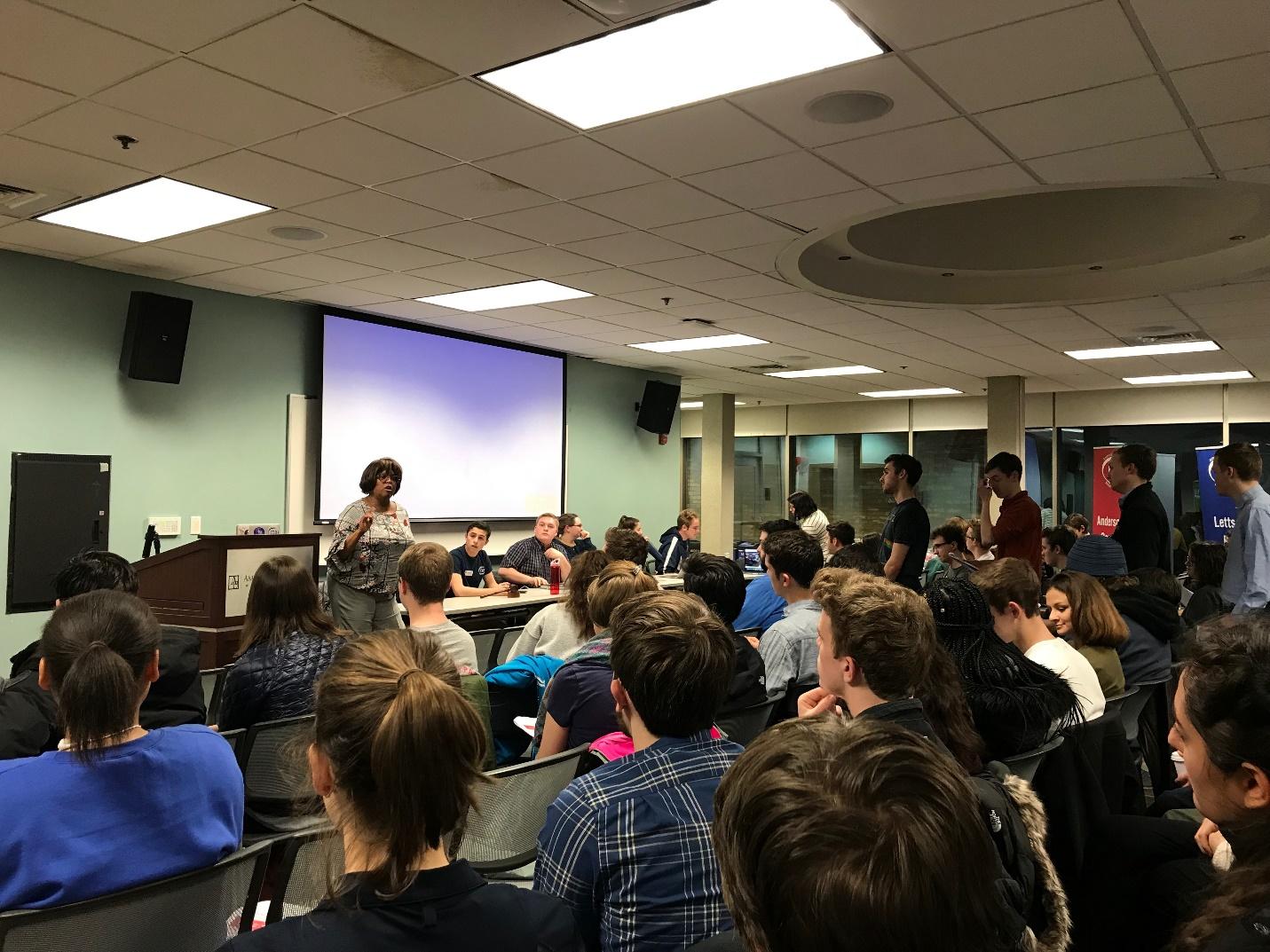 Ann Marie Powell answers students question regarding the proposed meal plan for the academic year of 2019-2020 on Feb.11. (Photo by Naomi Eskenazi