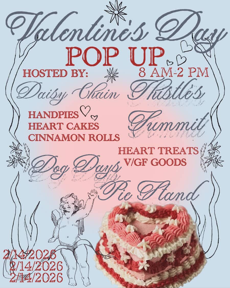 2/14 the place to be is @daisychaincoffee ⁣
8am-2pm or sell out.⁣
⁣
@dogdayspiestand and I will be slinging heart shaped treats, cinnamon rolls, hand pies, and IMO the thing you all have been dying to have- 𝗰𝘂𝘀𝘁𝗼𝗺 𝗰𝗼𝗻𝘃𝗲𝗿𝘀𝗮𝘁𝗶𝗼𝗻 𝗵𝗲?