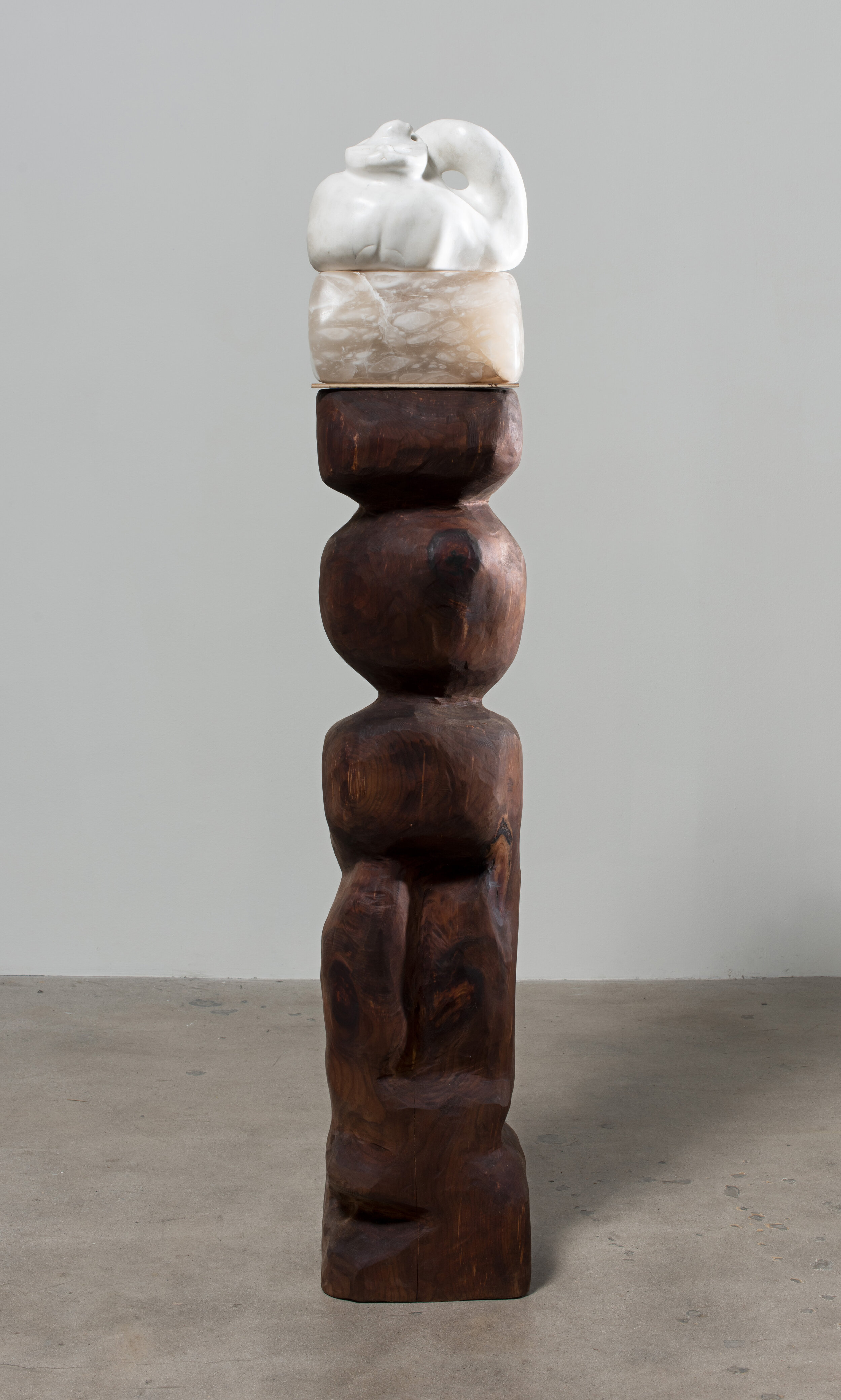   Soft Moon , 2020 Wood, alabaster, and marble 61 1/2 x 11 x 11 inches 