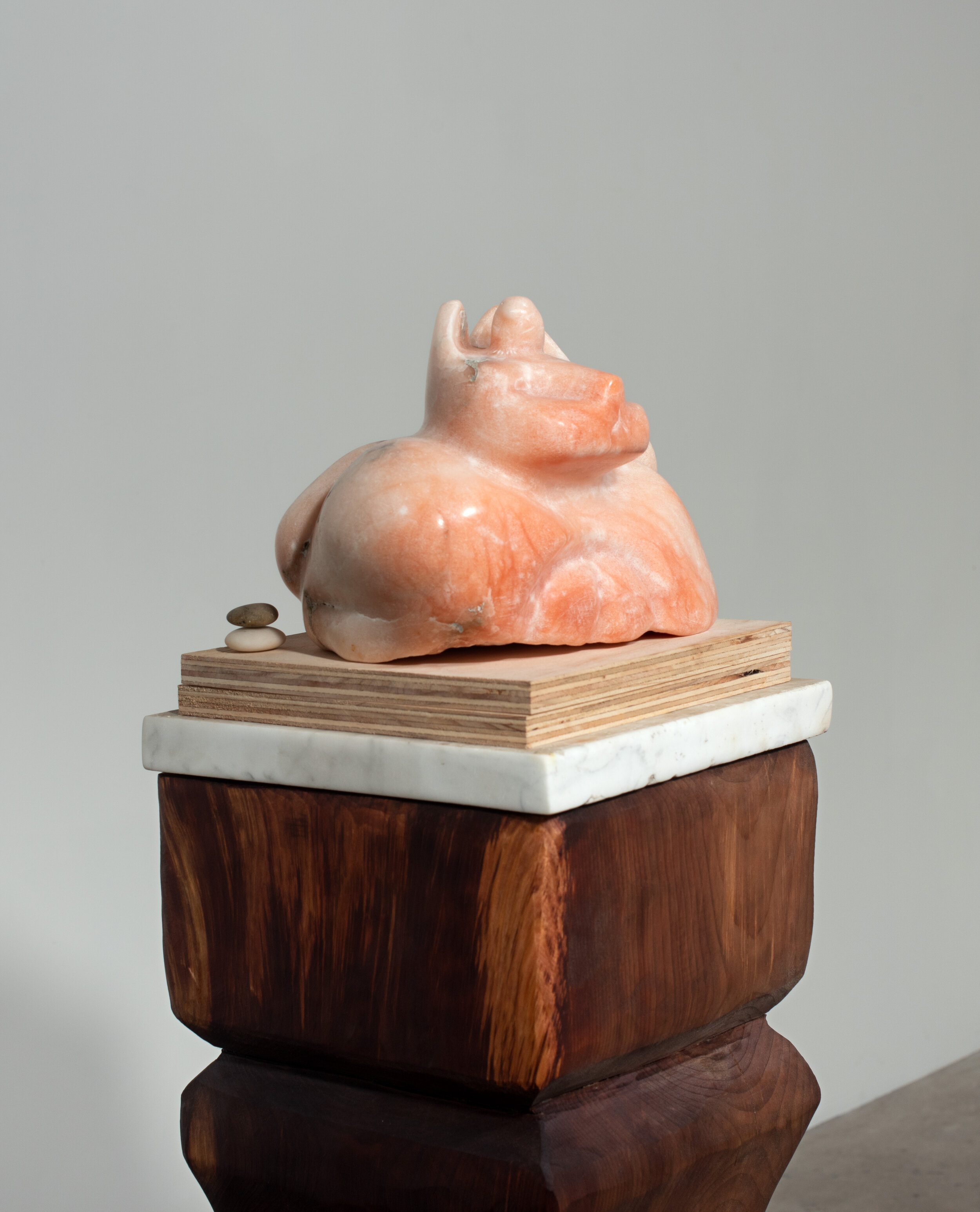   Long Pink Moments  (detail), 2020 Wood, marble, alabaster, and stones 63 1/2 x 12 1/4 x 12 inches 