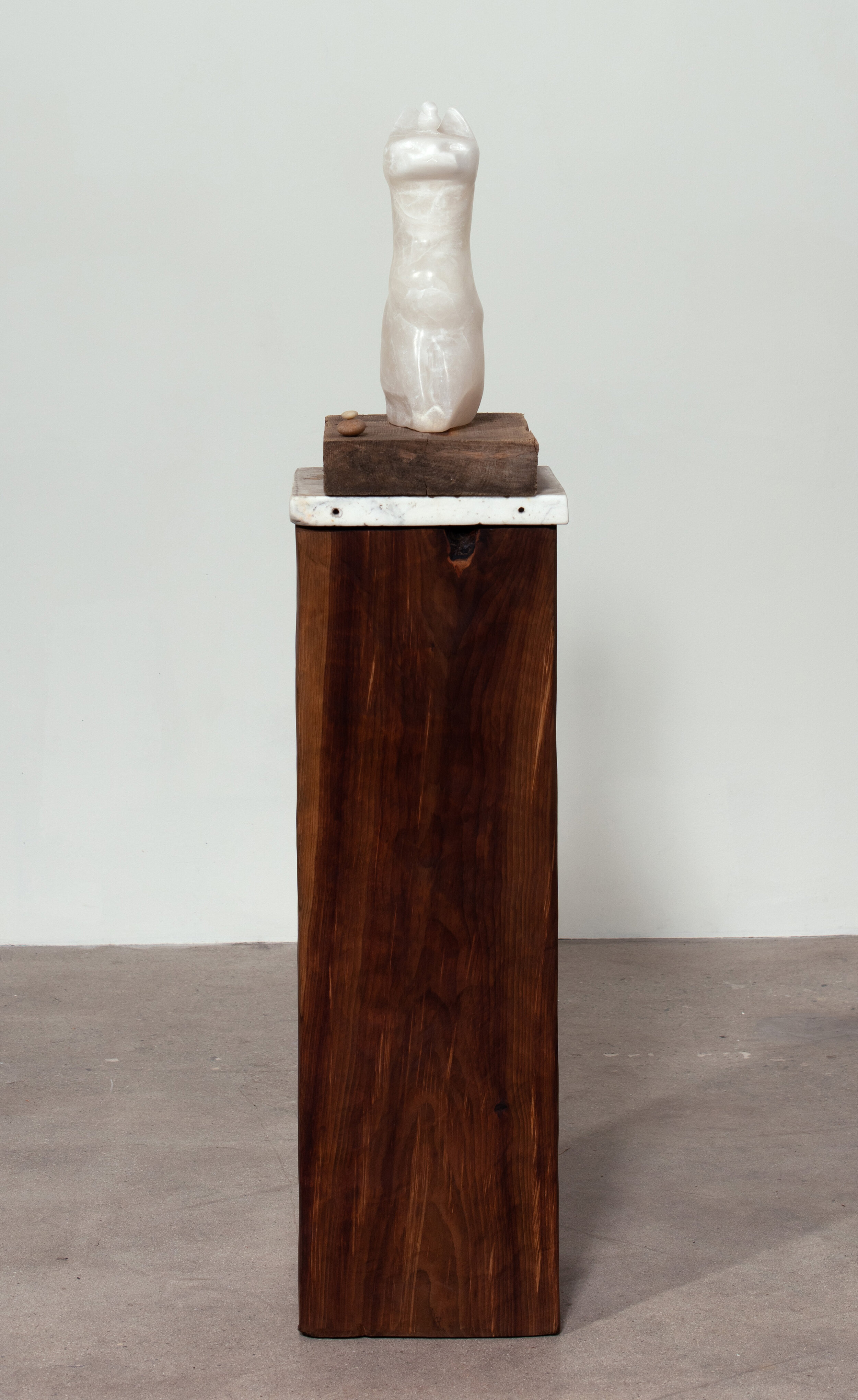   Cat with Bird and Stones , 2020 Wood, marble, alabaster, and stones 54 1/2 x 12 x 12 1/4 inches 