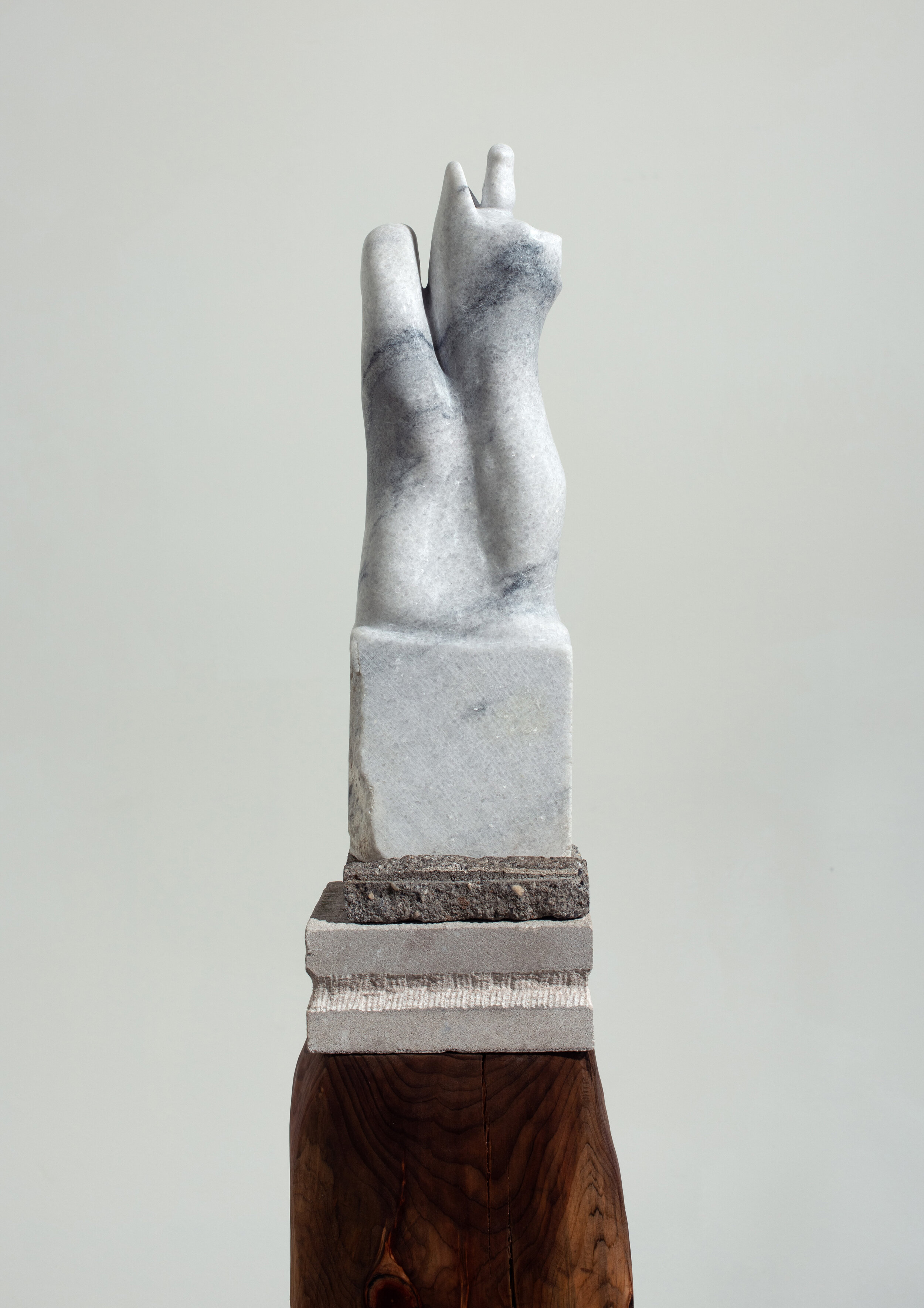   Singing Cat  (detail), 2020 Wood, marble, limestone, and concrete 63 1/2 x 10 x 10 inches 