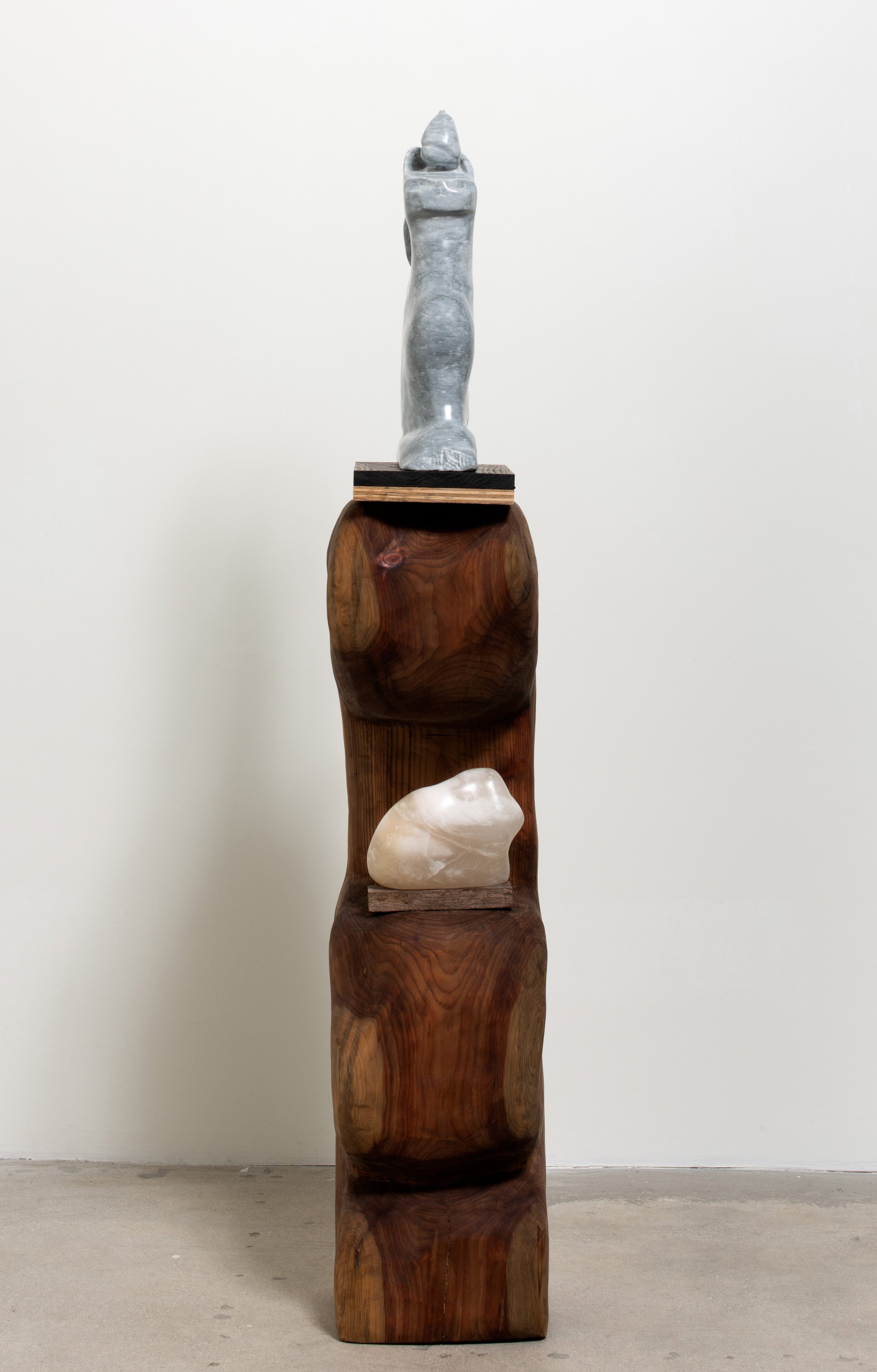   Kitten Whispers , 2020 Wood, marble, and alabaster 61 1/2 x 10 1/2 x 11 1/4 inches 