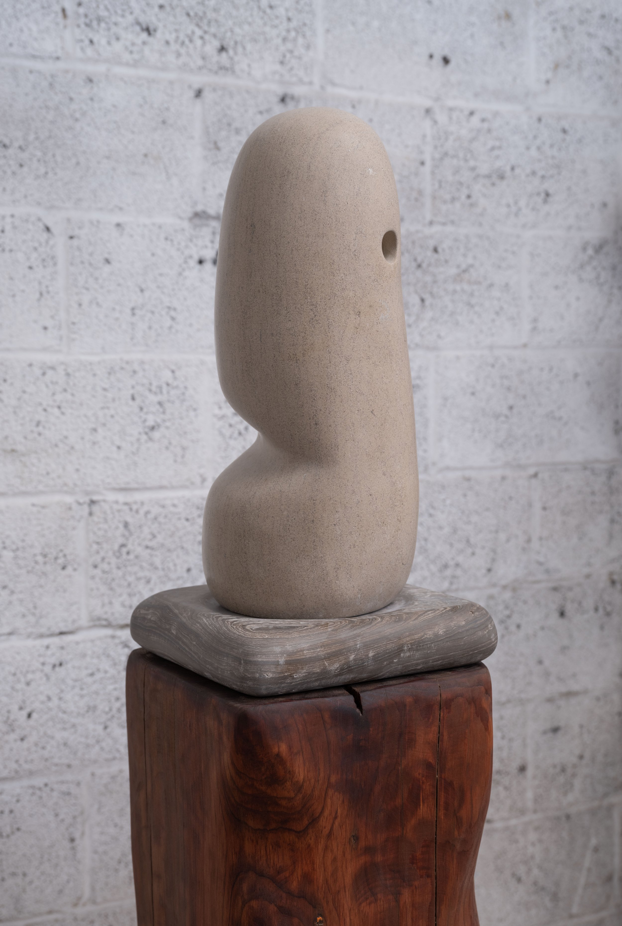   Wiggle Needs  (detail), 2023 Limestone and wood 63 x 11 x 11 inches&nbsp; 