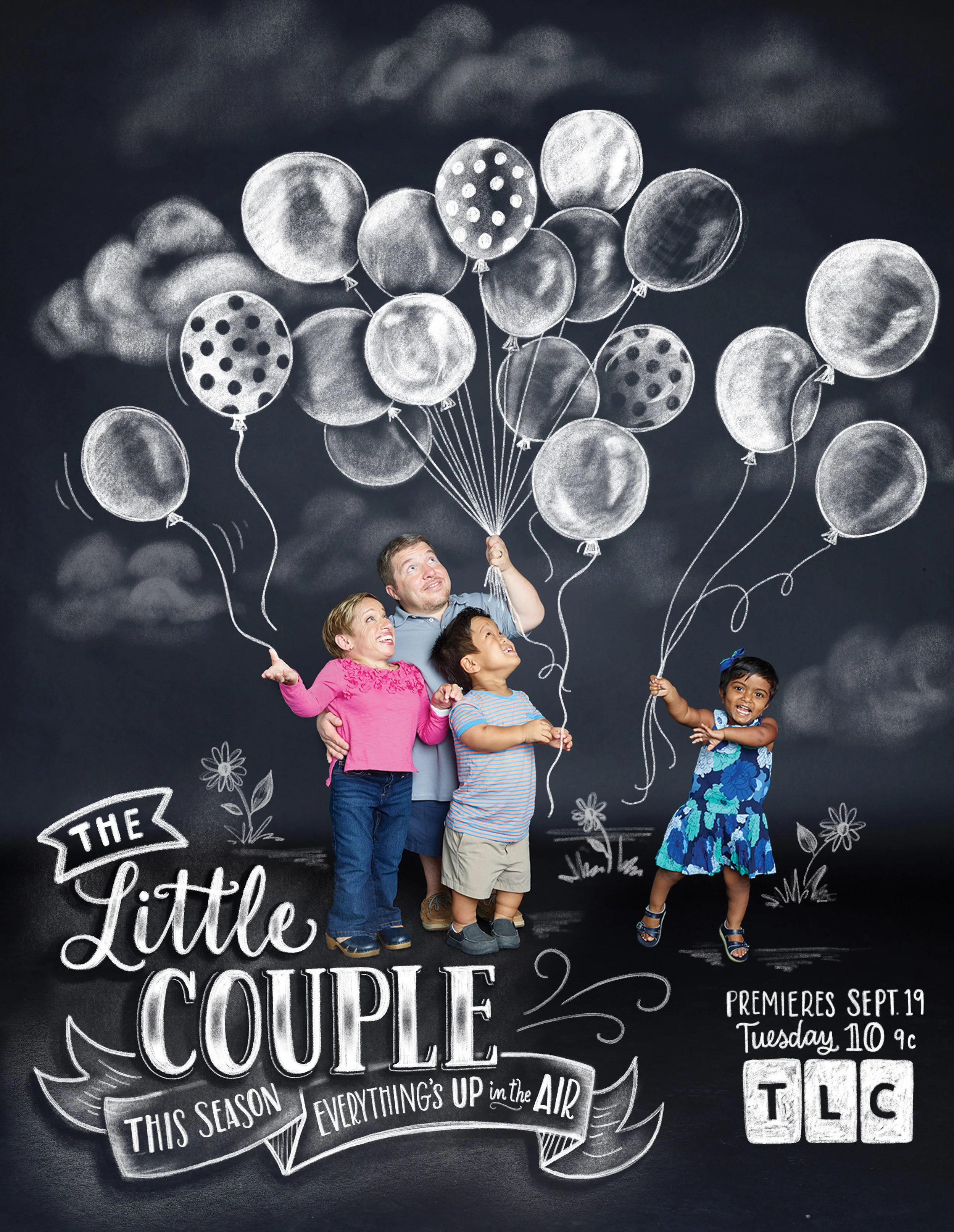 Cast of “The Little Couple” shot in St. Petersburg, FL by photographer George Lange. Chalk art by Valerie McKeehan.